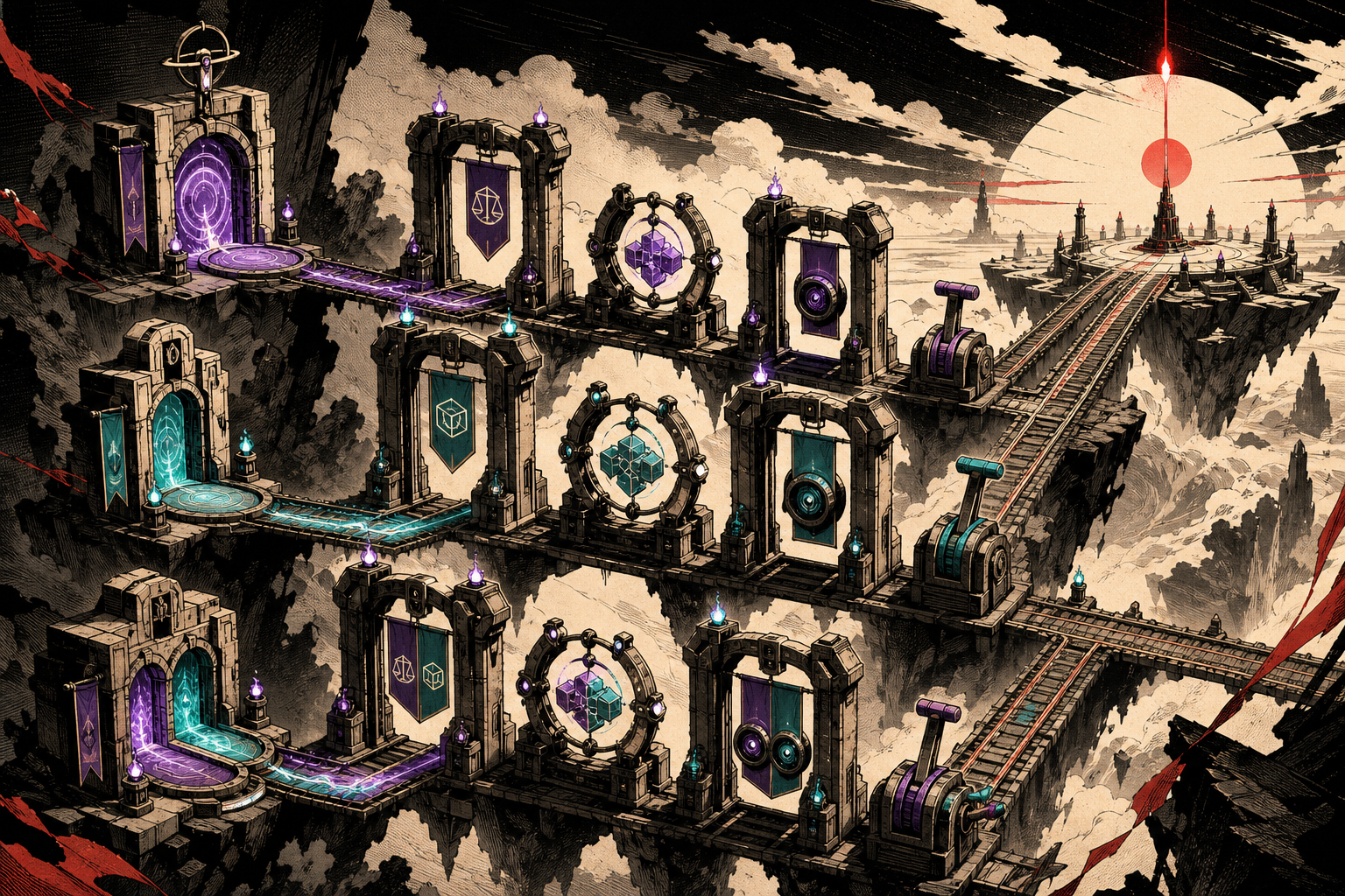 Generated Wizards-style editorial illustration of three staged release lanes crossing policy, capability and rollback gates