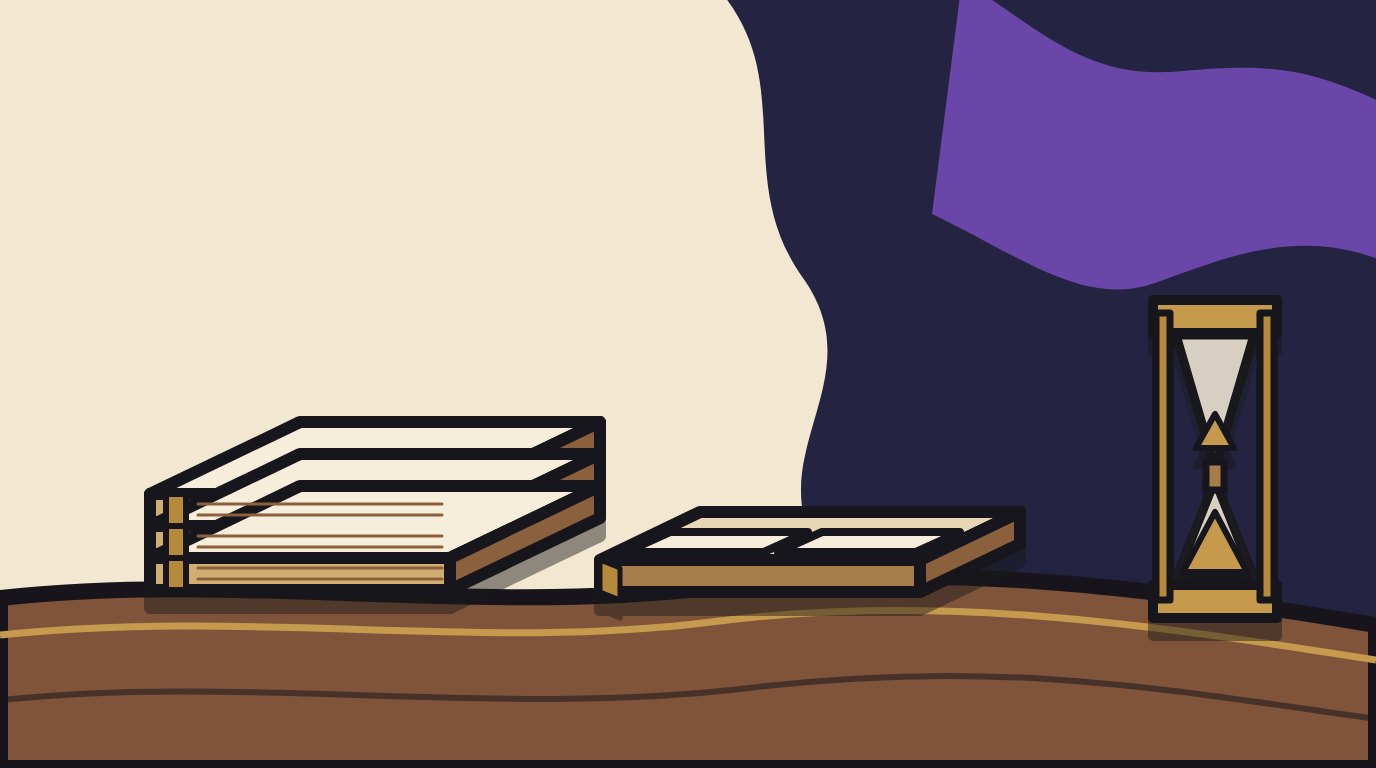 A hand-illustrated stack of three blank ledger books beside an open blank register and a brass hourglass on a wooden desk, with no visible writing