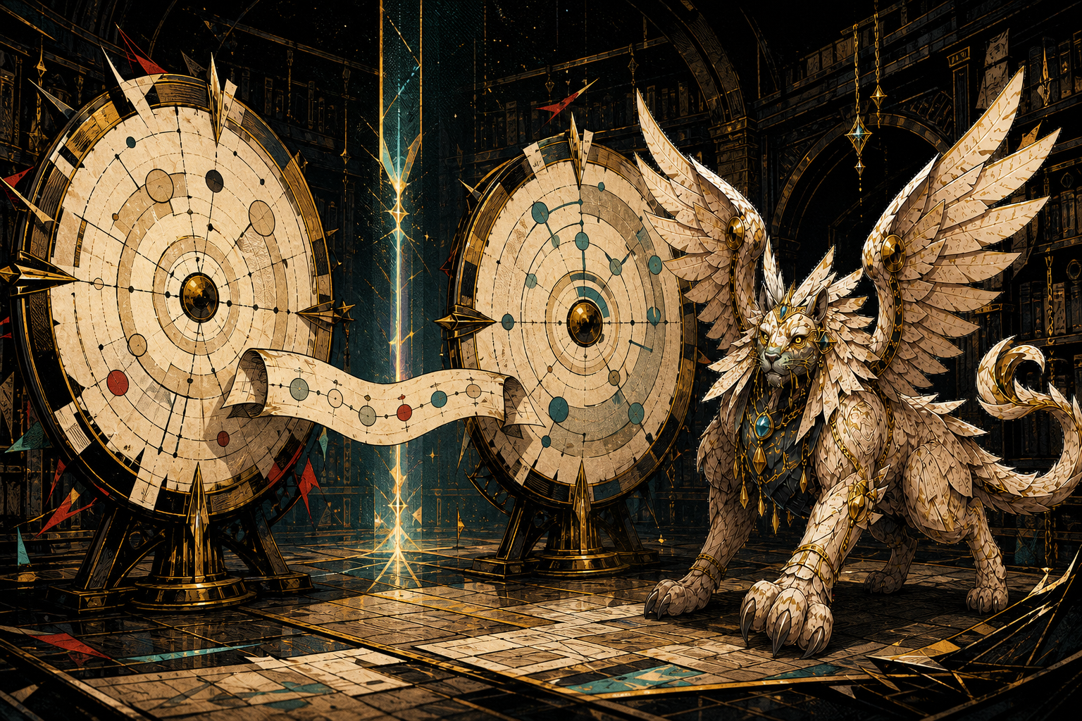 Generated Wizards-style illustration of a winged archive guardian comparing an active bonus rule with its preserved prior version and change record