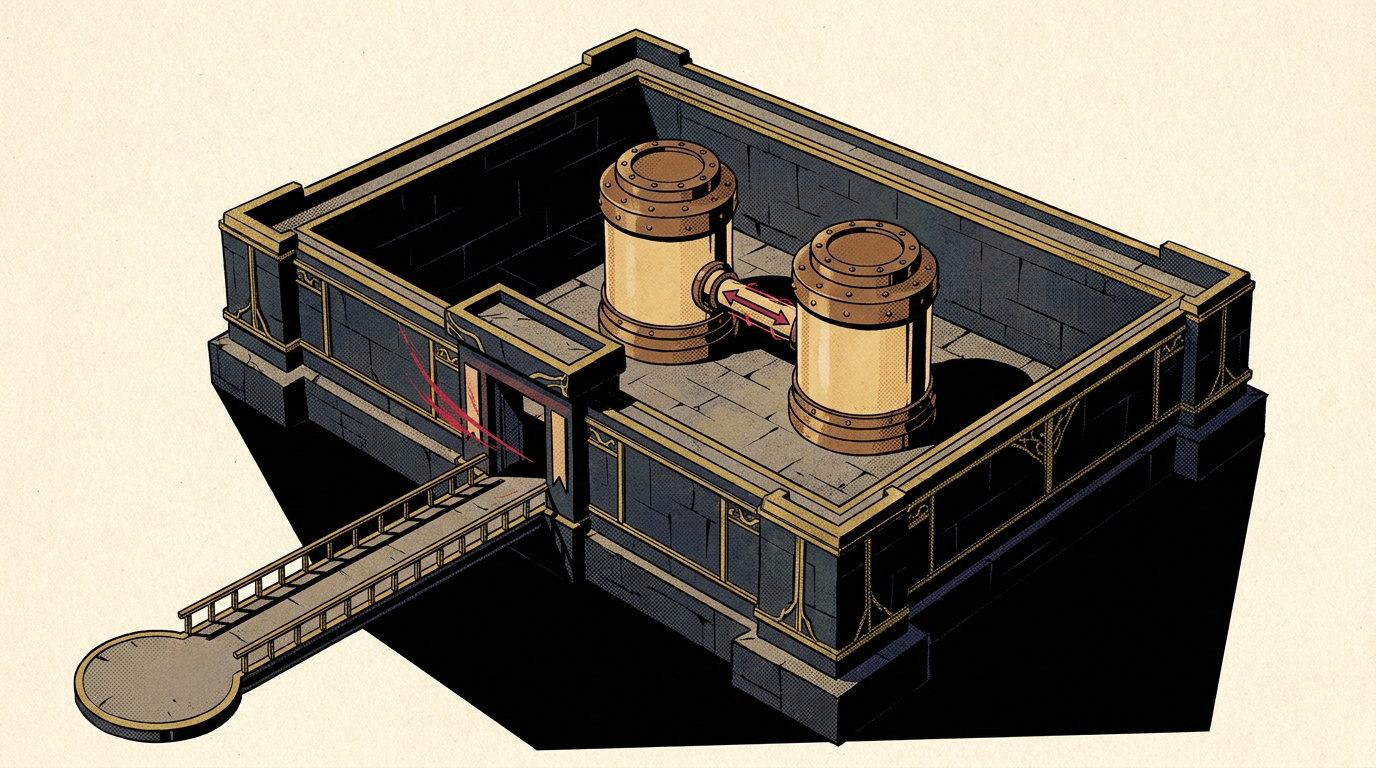 Generated text-free diagram of an inner walled plot holding a sealed vessel beside a mirrored twin vessel joined by a shuttling bridge, with a single controlled hatch in the outer wall opening onto a narrow causeway