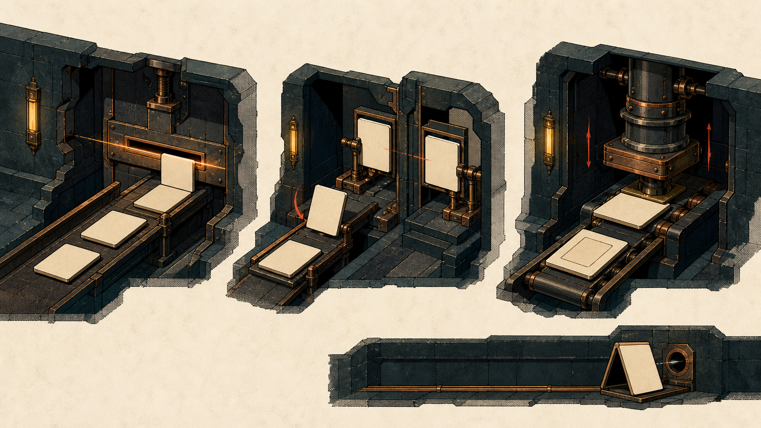 Generated text-free diagram of three separate processing gates on one line, a narrow beam slot, a pair of hinged comparison panels and a heavy piston press, with a separate low side channel that accepts a single blank token