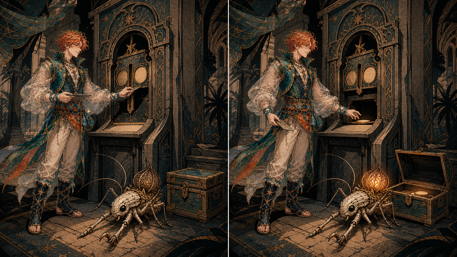 Generated Wizards-style diptych of one gate chamber shown twice, the reef alchemist completing the check beside a closed chest on the left and the same apparatus open and lit with the token released on the right