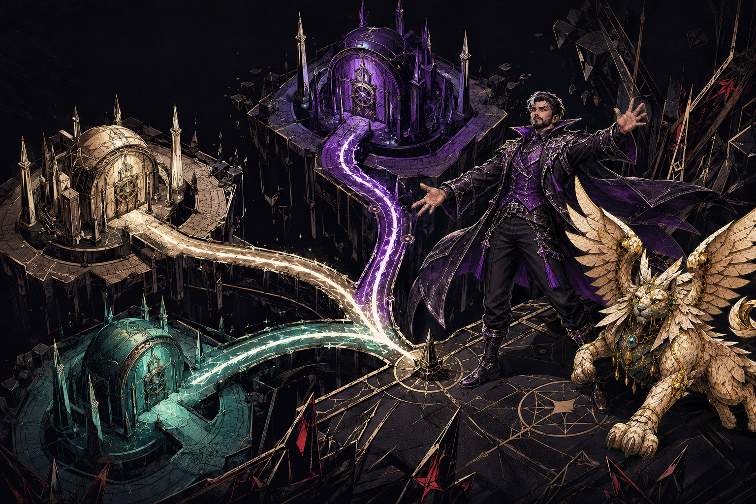 Generated Wizards-style illustration of a warden and winged sphinx guarding three isolated platform chambers