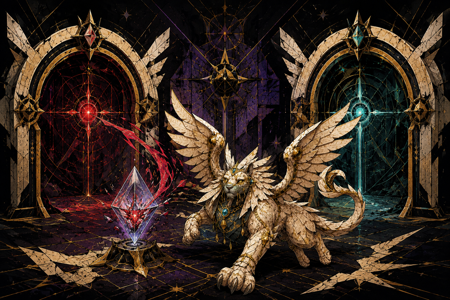 Generated Wizards-style illustration of a winged sphinx diverting a false request away from a sealed tenant vault