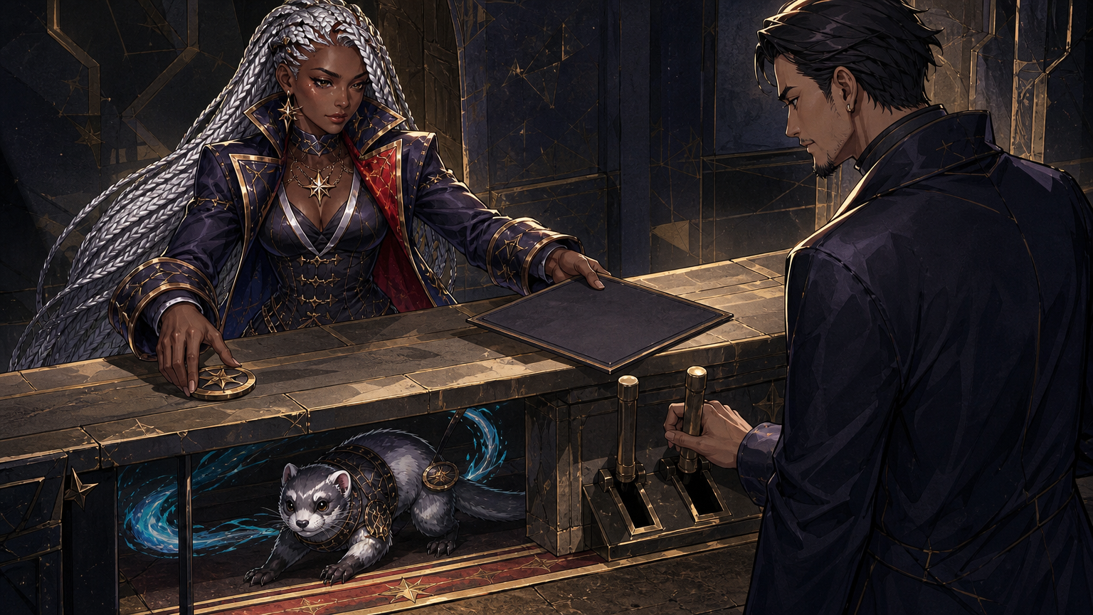 Generated Wizards-style scene of a voidsail captain presenting a sealed payout token at a two-key gate while a comet ferret waits outside the boundary with a record slate
