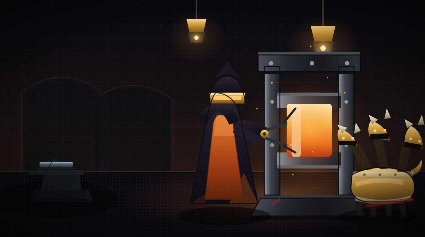 A forge witch in an ember-orange apron and brass visor holds a glowing worked bar steady inside an iron pressure frame under lantern light, while a three-headed brass creature with bone-tipped ears stands braced beside the frame and a cold, unworked bar rests on a quiet anvil in the shadowed left of the scene