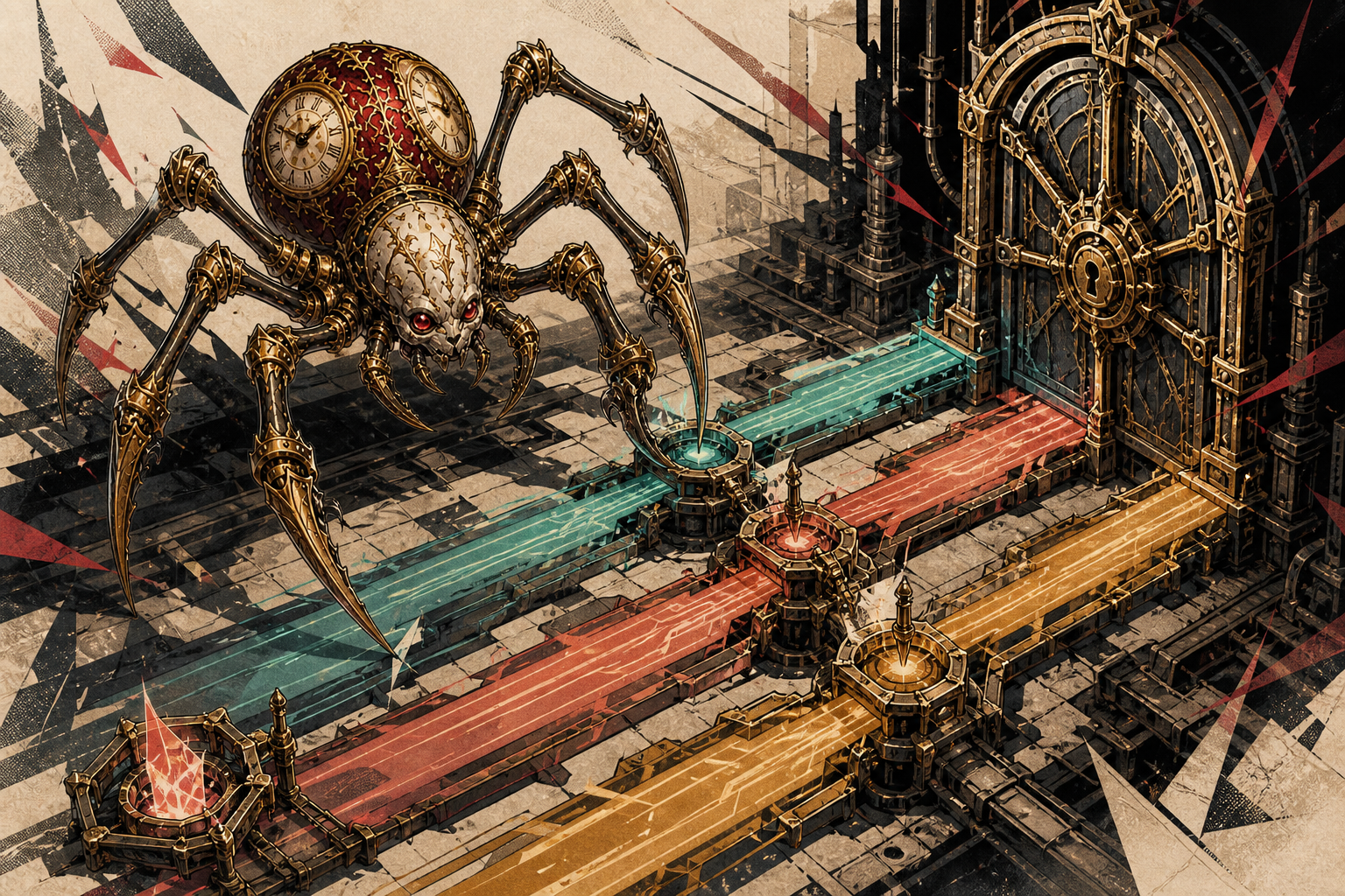Generated Wizards-style illustration of a gearspider inspecting matched account, transaction and game-state streams before a platform gate opens