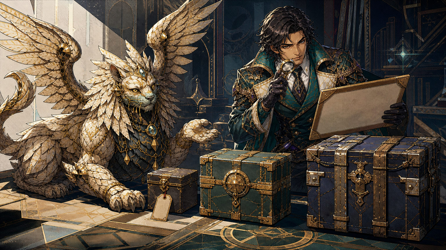Generated Wizards-style scene of a footnote sphinx presenting three sealed record containers of different retention windows to a rune architect
