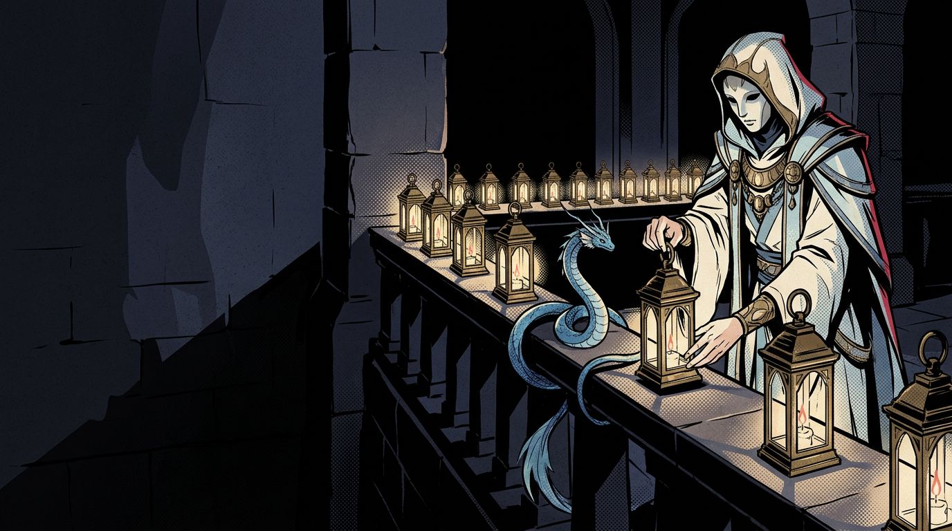 A robed oracle with pale features and dark markings around the eyes grips a brass lantern by its ring and steadies it on a dark stone balustrade, while a single-headed, limbless blue serpent with a spiny crest coils once around the rail between the lanterns and a row of identical brass lanterns recedes into shadow on the right; the left third of the scene is quiet, empty dark stone