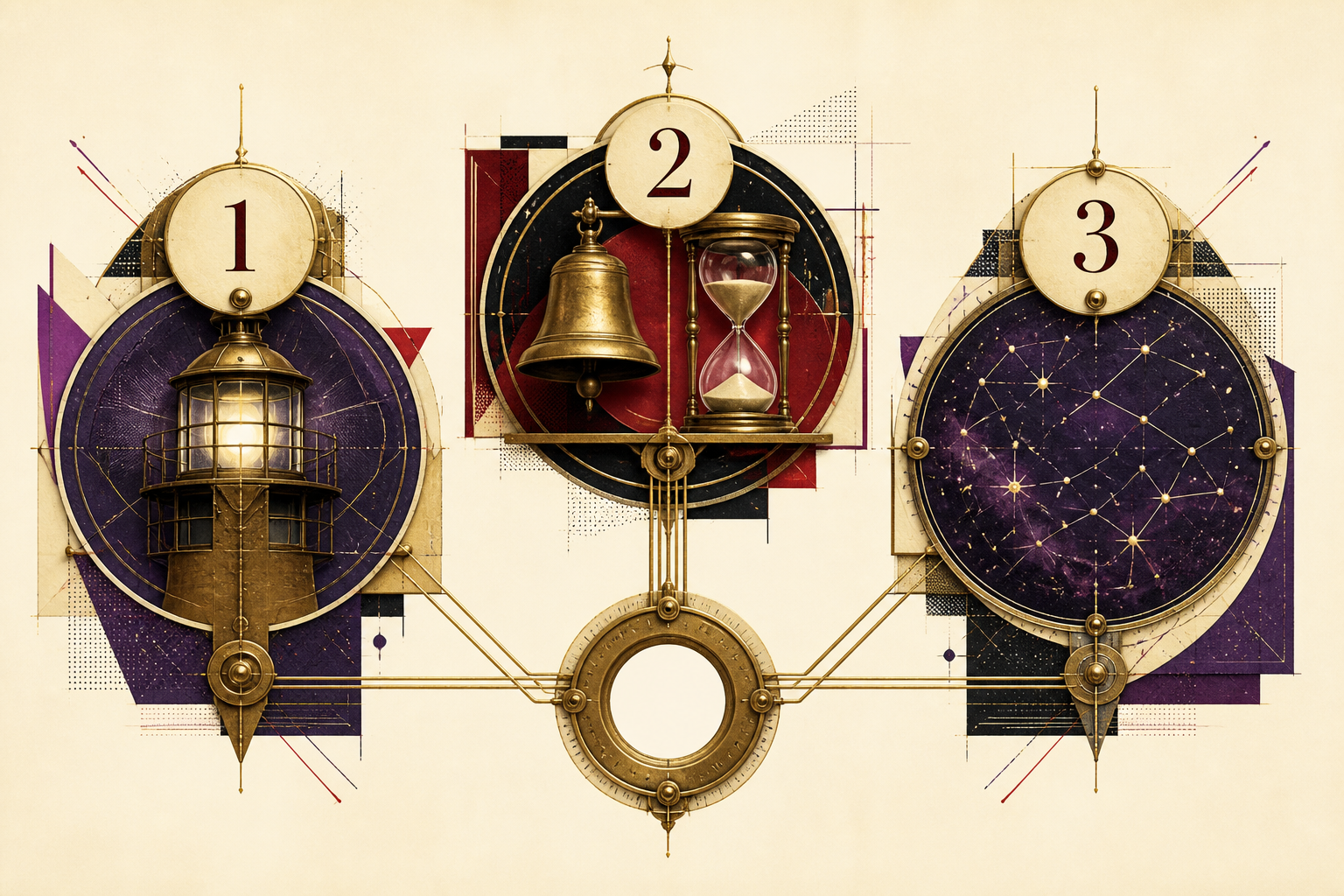 Three-part trust instrument combining a visible web beacon, a response bell and hourglass, and an open social constellation