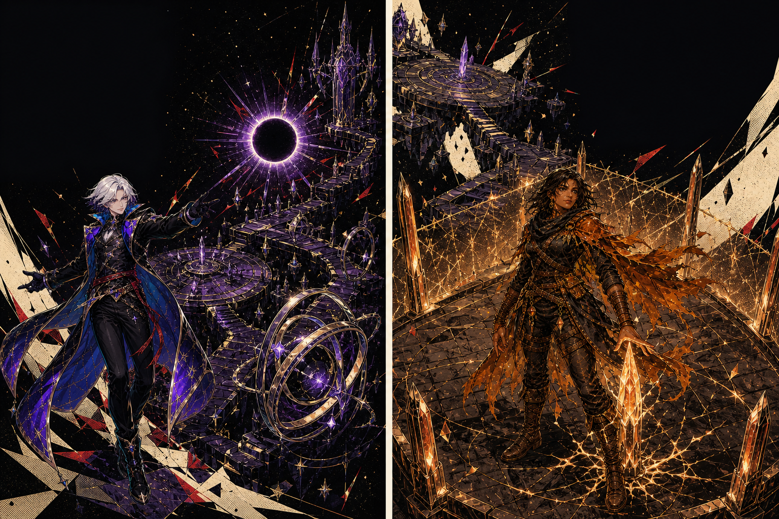Two-panel comic in which Eclipse Duelist opens an interactive world and Cinder Ranger anchors its safety boundary