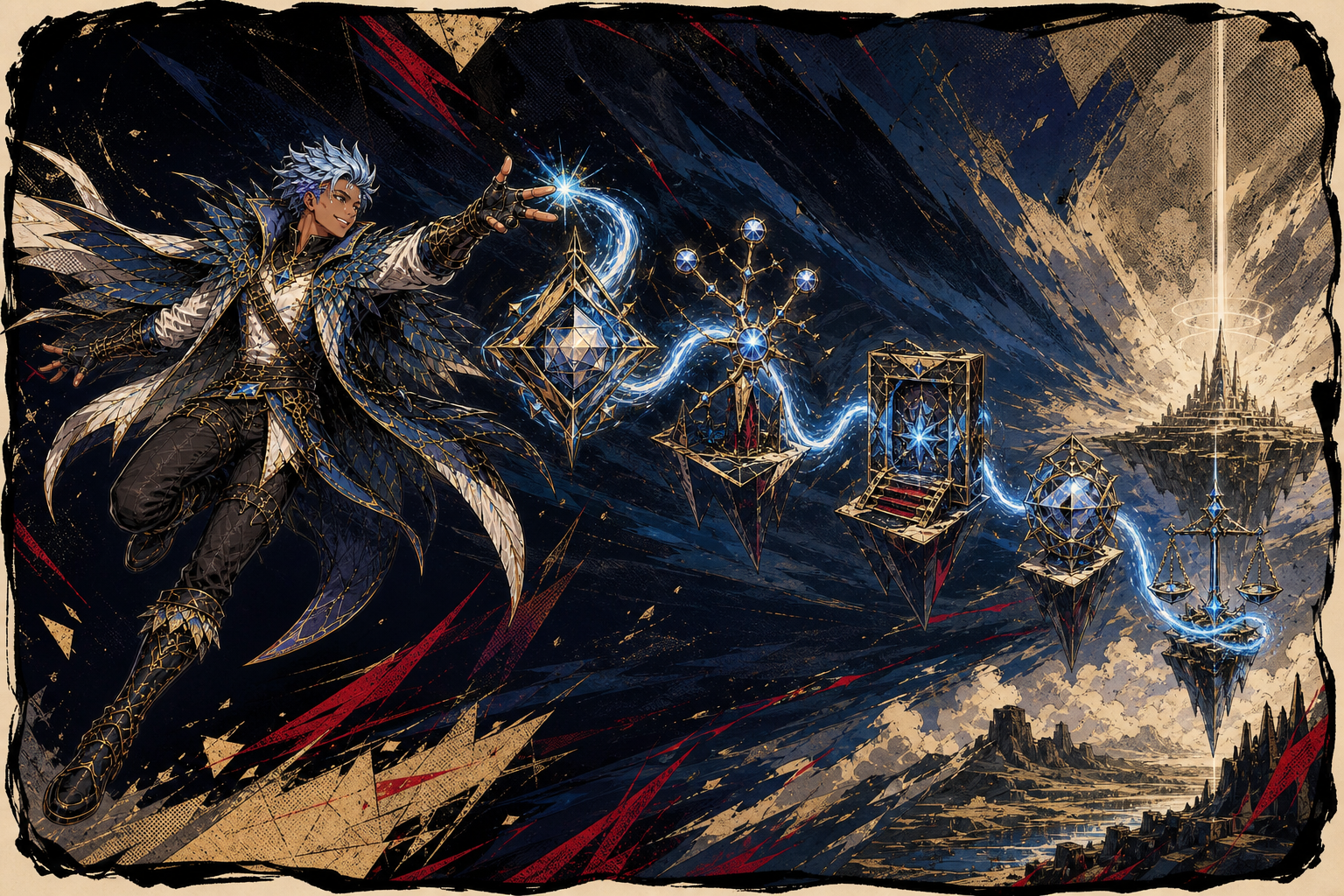 Wordless single-panel comic of Storm Falconer carrying a settlement spark through five connected dependency chambers