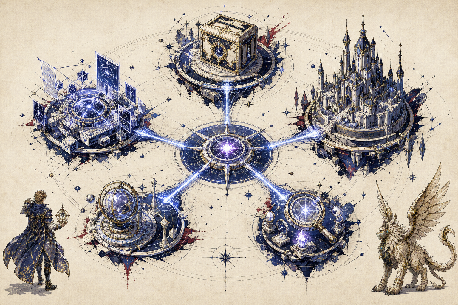 Illustrated ecosystem map connecting a wallet, game contract, operator, auditor and regulator