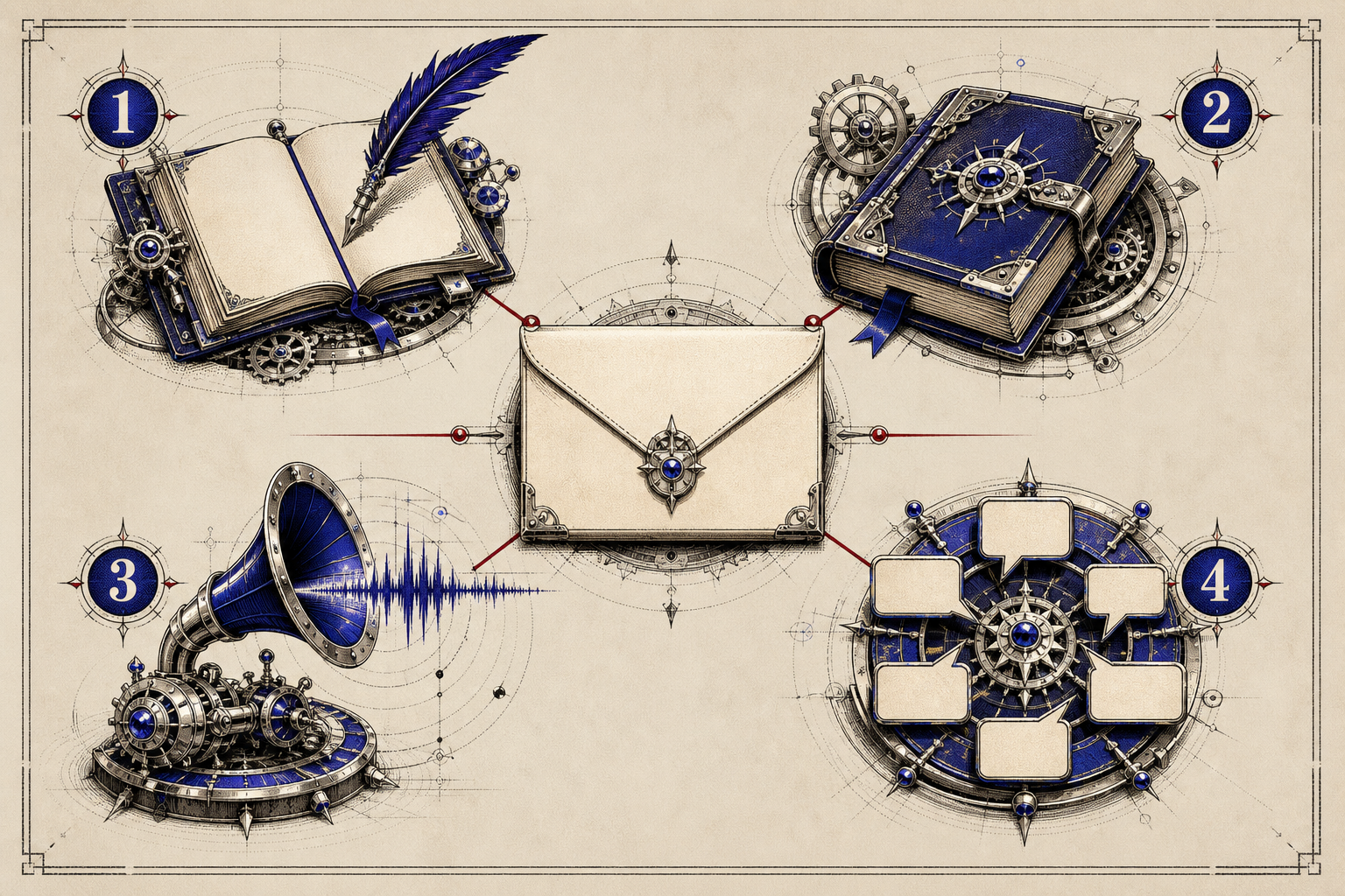 Four numbered publishing instruments for a journal, bound guide, recorded voice and conversation board connected to one sealed brief