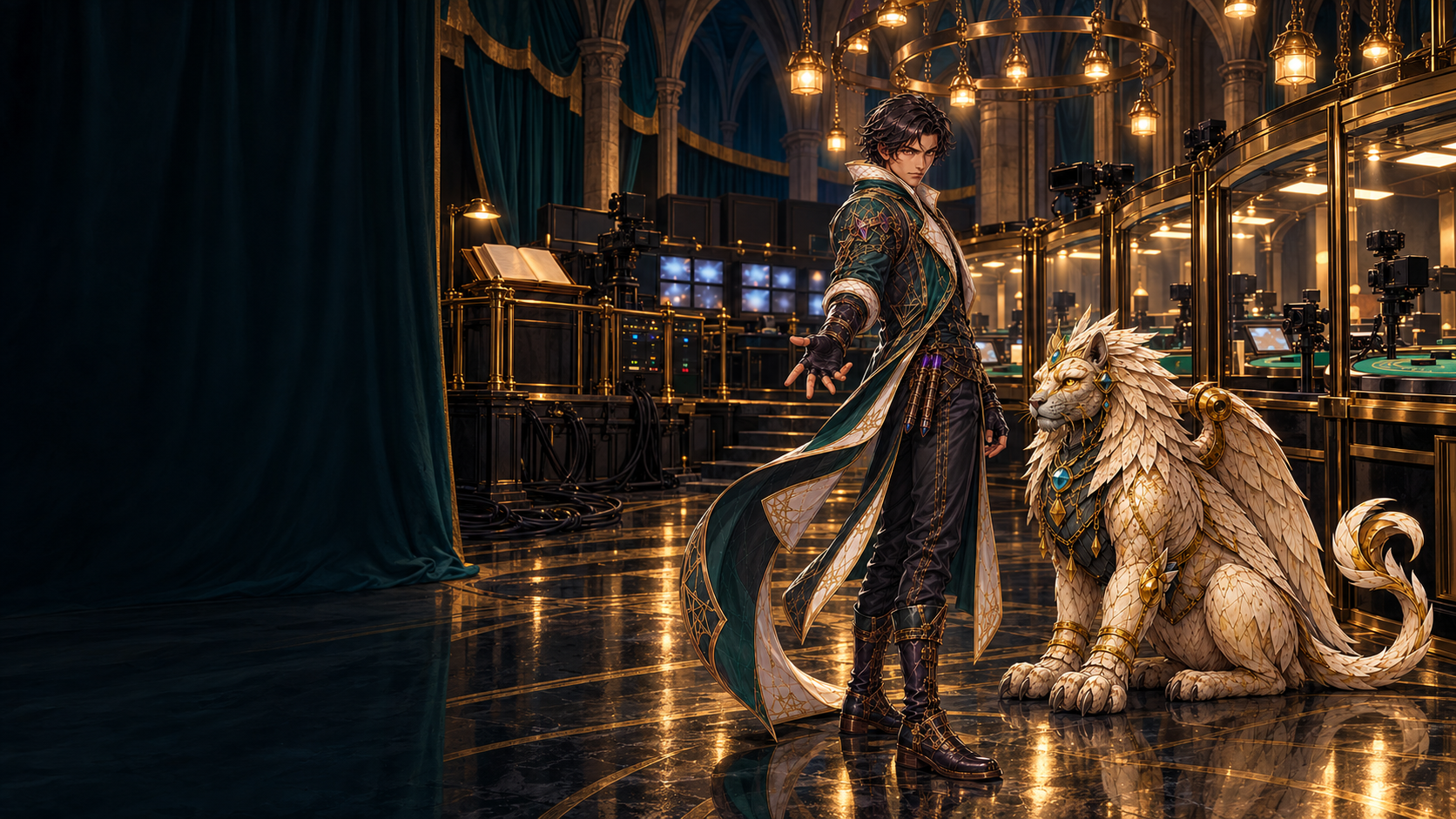 The Rune Architect stands in a gothic control room with teal curtains and brass chandeliers, a winged sphinx guardian seated nearby; left area kept dark for text