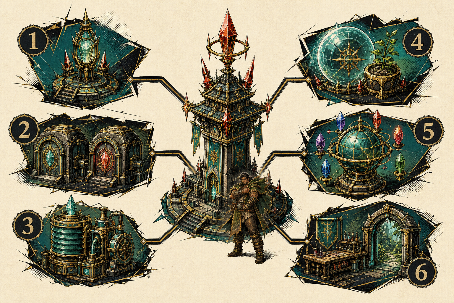Six numbered hosting operations instruments surround a watchtower above separate live and staging gardens