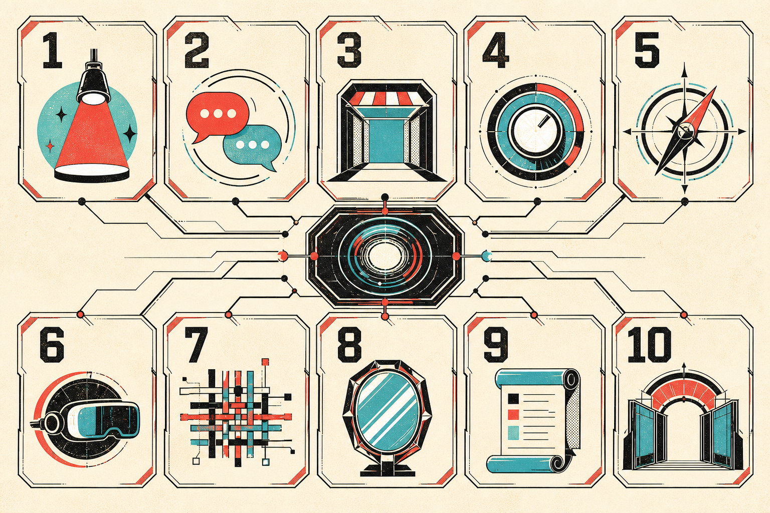 Ten-station marketing switchboard connecting distinct customer channels to one action portal