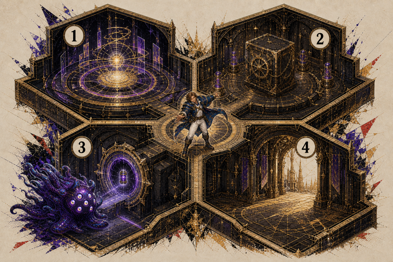 Architectural cutaway separating a player-facing game layer, custody and settlement chamber, eligibility gateway and supplier access hall