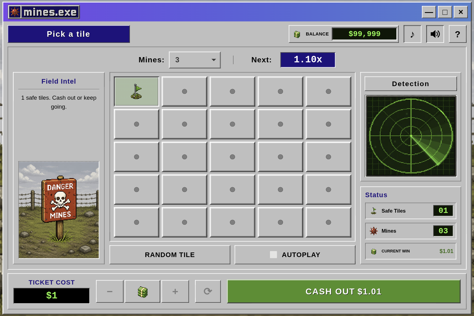 Mines.exe English demo showing one safe tile open on a 5 by 5 field with the current win and next multiplier displayed