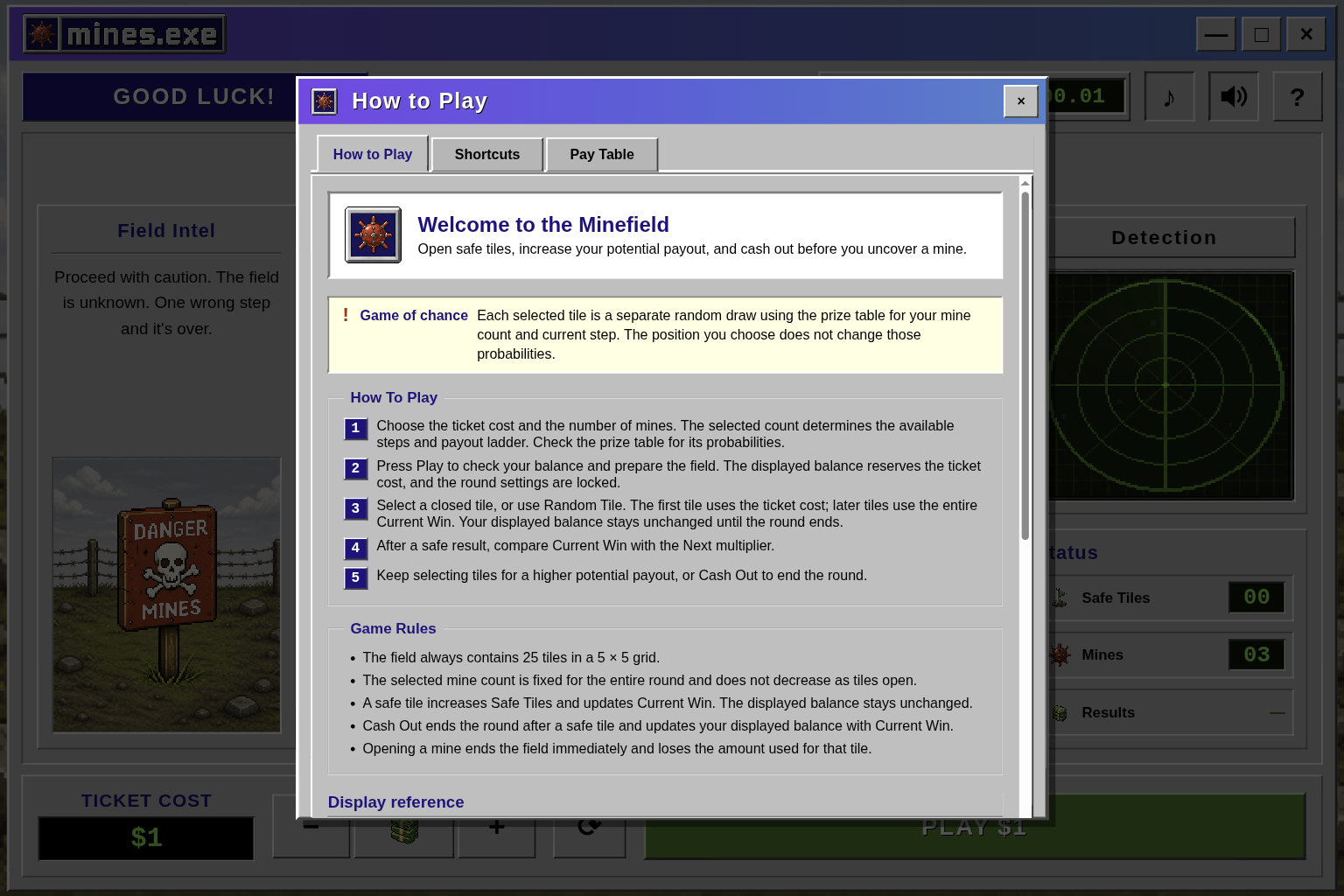 Mines.exe English demo instructions explaining the 5 by 5 field, separate random tile draws and cash-out decision
