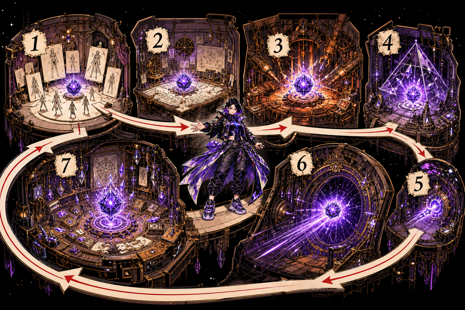 Cipher Hexrunner guides one game crystal through seven numbered workshop chambers before an update loop returns it to the forge