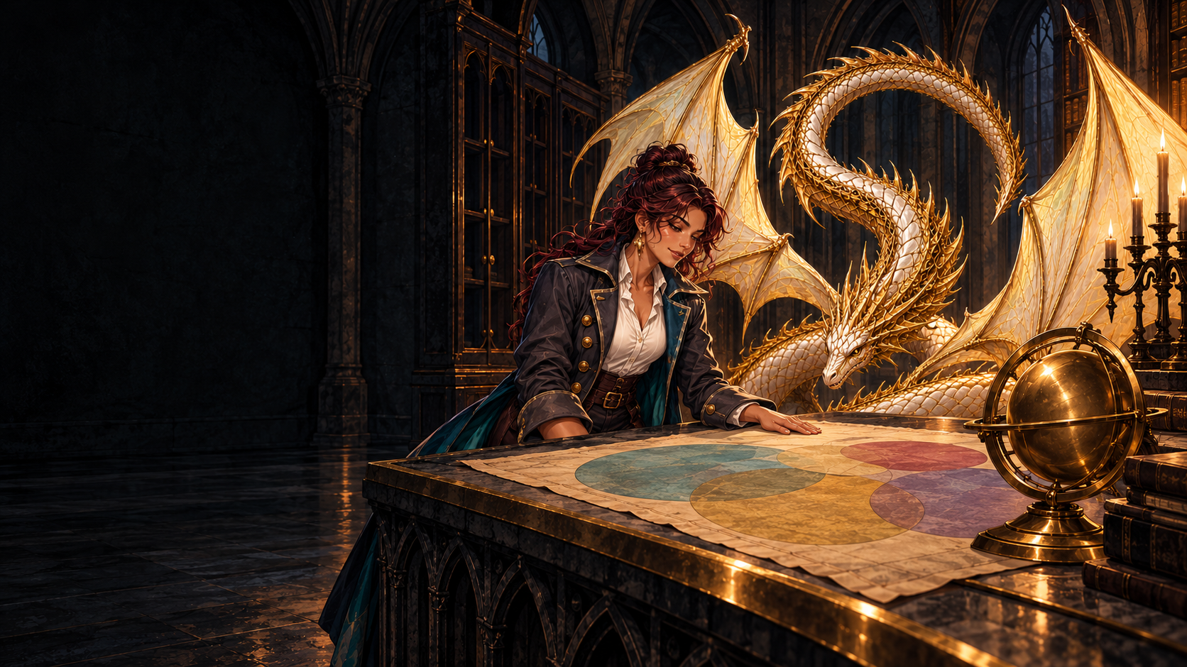 The Gale Corsair stands at a stone chart table studying a map marked with multiple overlapping circular territories; the Solar Wyvern coils one loop around the far end of the table and turns its head toward the map; the left third of the dark gothic hall is open shadow
