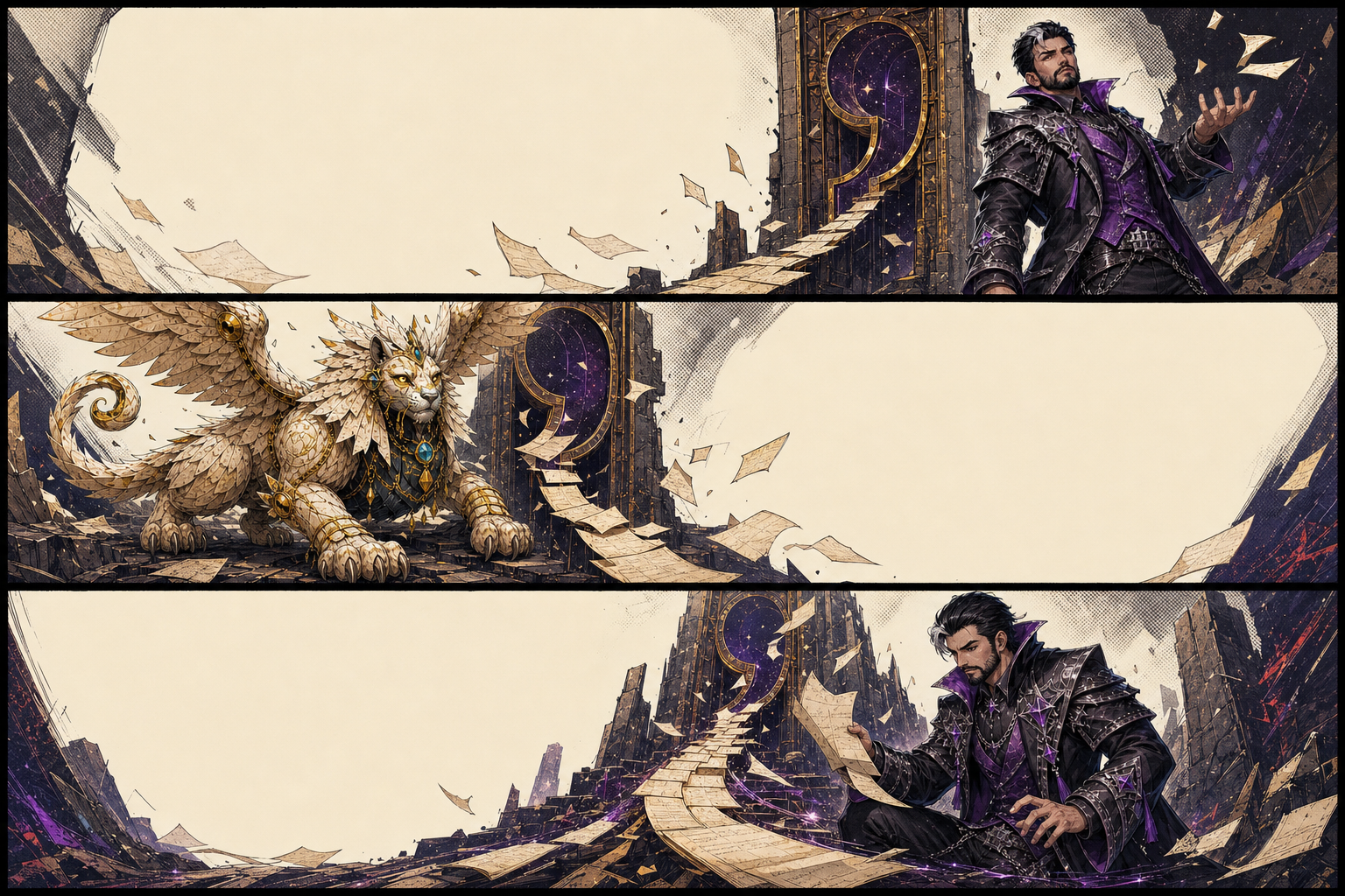 Three-panel comic in which Nightfall Warden and the four-pawed, two-winged Footnote Sphinx inspect a quotation gate that leaks unrelated pages before the dated route is repaired