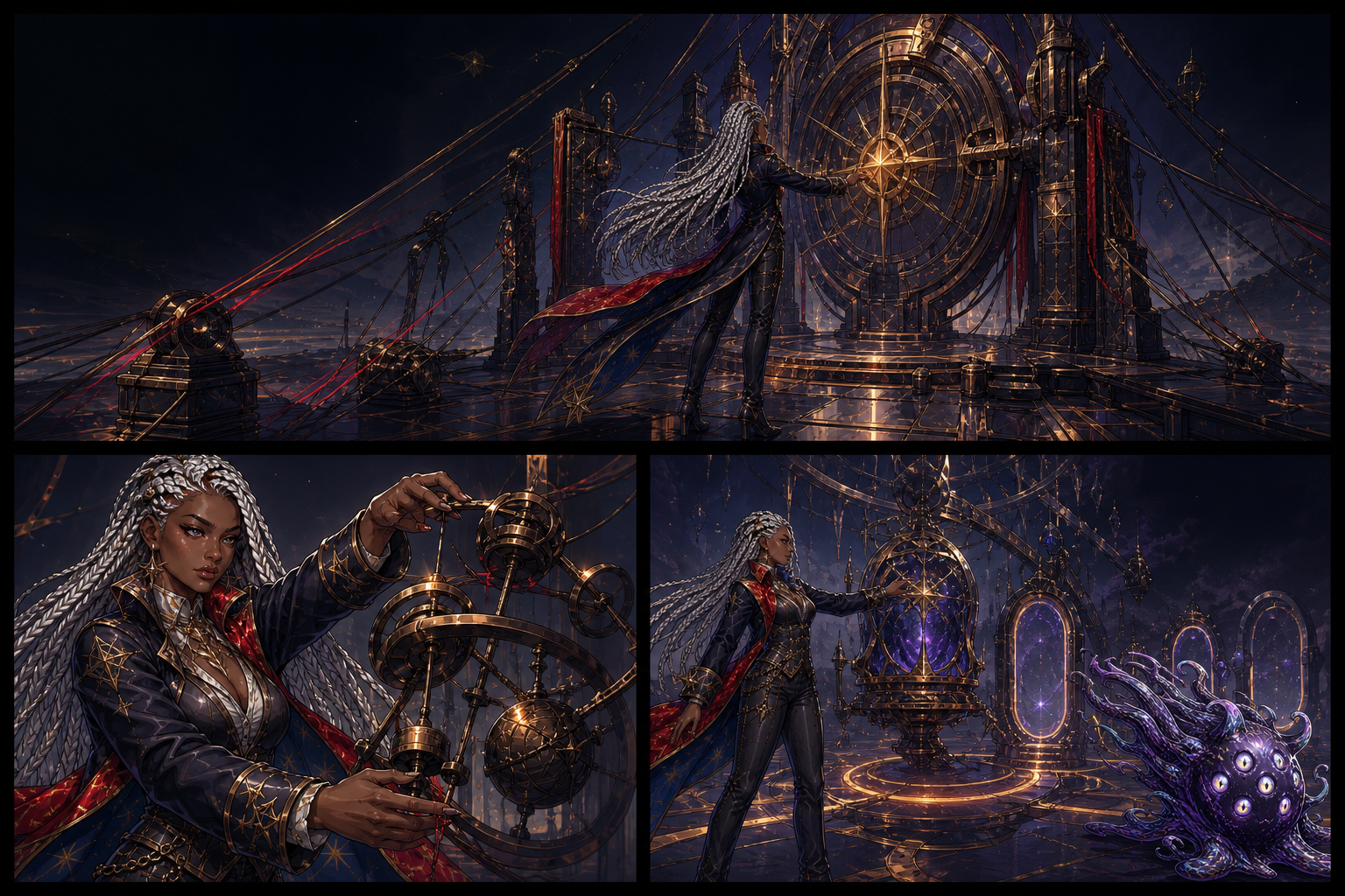 Three-panel comic in which Voidsail Captain negotiates five platform changes with a seven-eyed Nightmare Blob