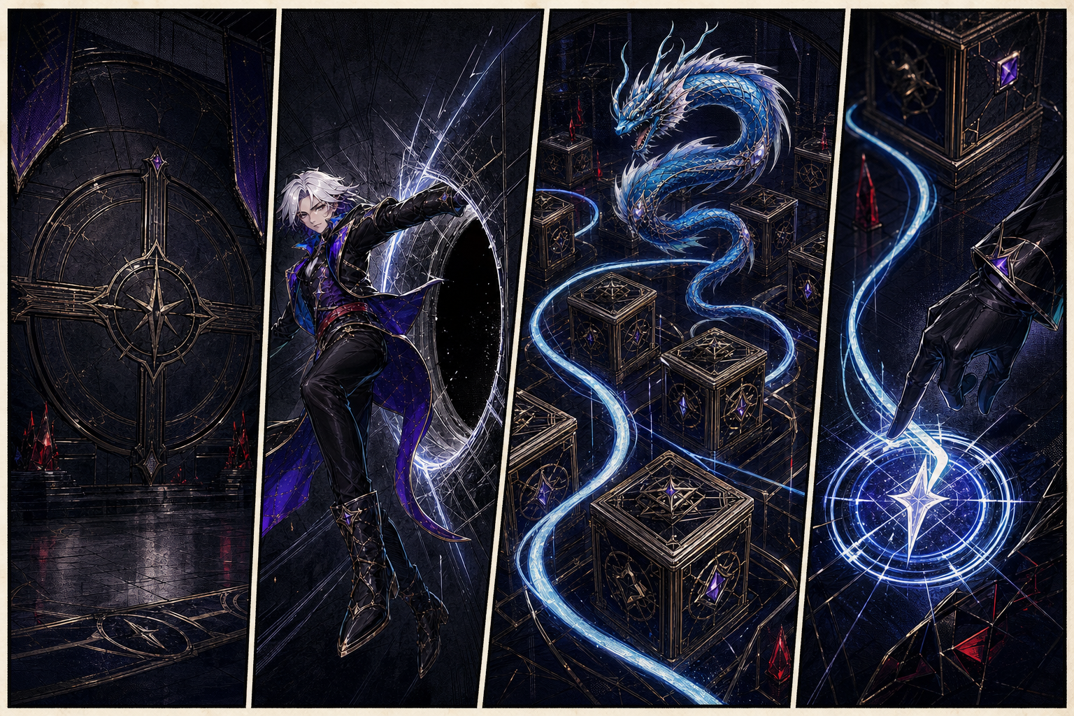 Cómic de cuatro paneles de Wizards donde Eclipse abre una cámara de auditoría sellada y Ribbon Serpent traza una ruta continua alrededor de registros protegidos