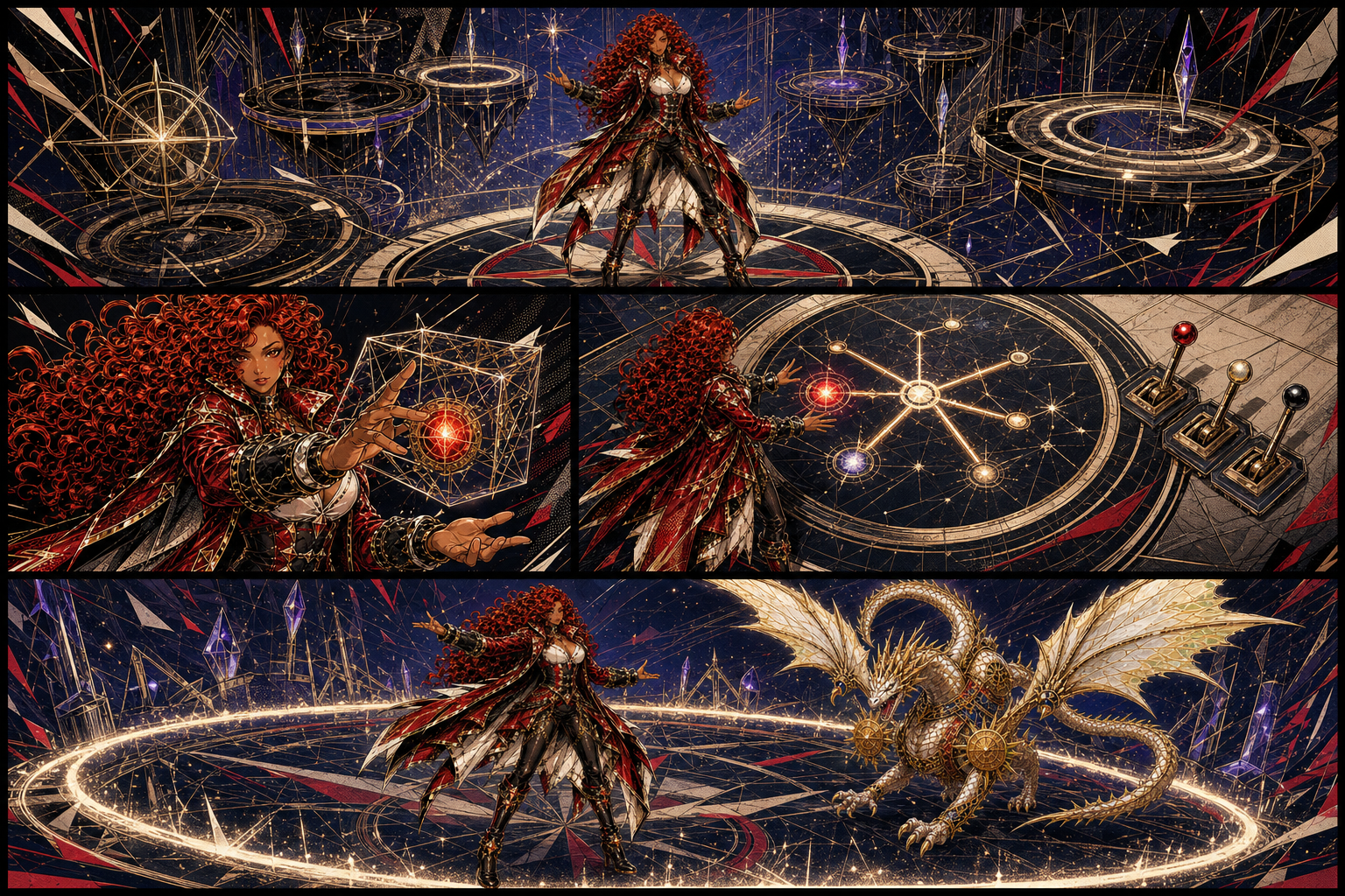 Cómic mudo de cuatro viñetas en el que Crimson Gameforge Witch forja una experiencia de casino inmersiva, verificable, adaptativa y basada en habilidades
