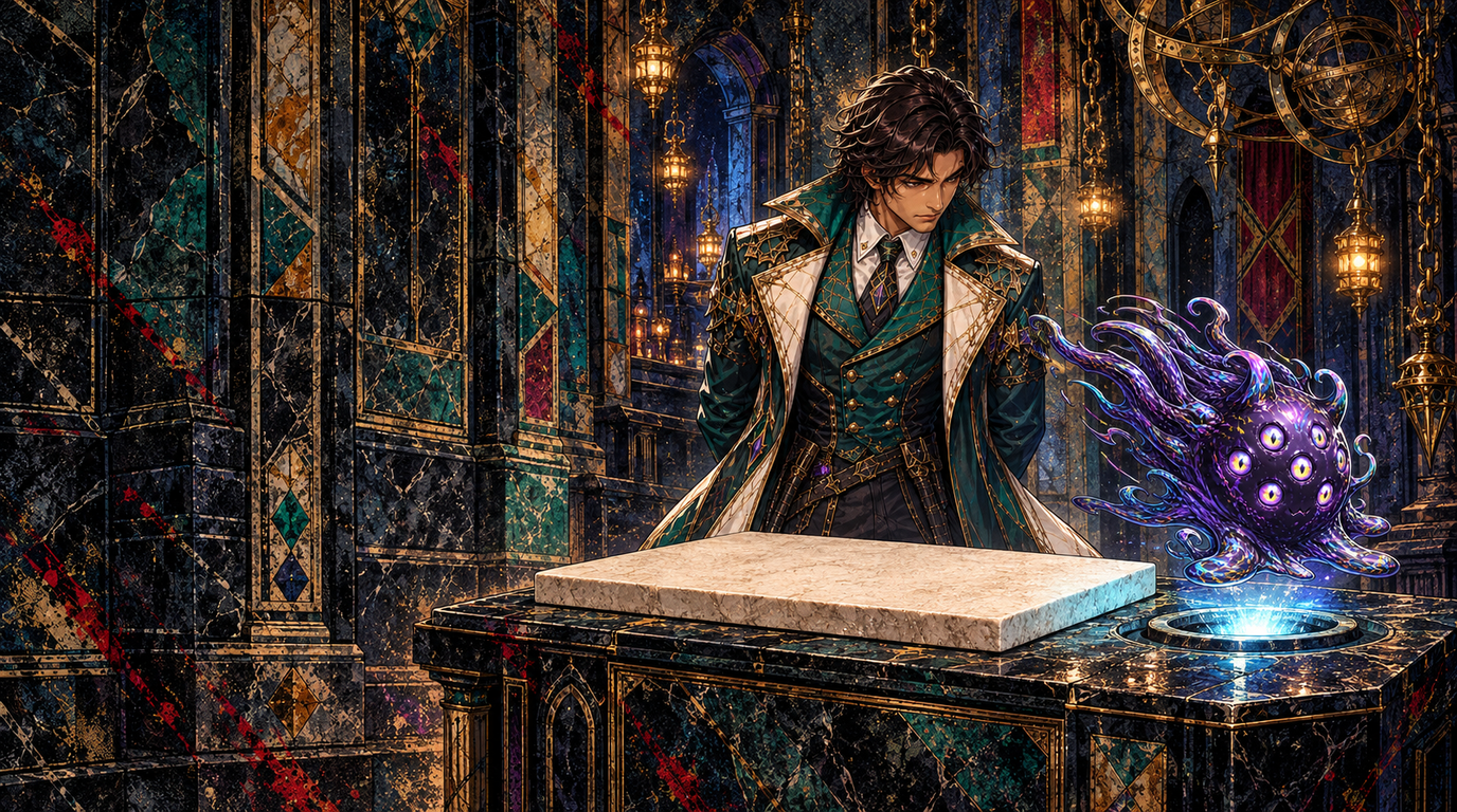 The Rune Architect, a young man with dark wavy swept-back hair in a deep teal tailcoat with fine gold geometric linework worn over a dark teal vest and a white shirt, stands behind a waist-high dark stone plinth in three-quarter profile turned to face left, both arms hidden behind the plinth and behind his coat so that no hands are visible, looking down at a plain blank cream stone slab resting on the plinth; to the lower right a single rounded glossy deep-violet creature with a small cluster of glowing eyes and a small curved mouth hovers above a round recess in the stone lit by a cool cyan-white glow, with trailing tendrils around it; the left third of the scene is quiet dark stone