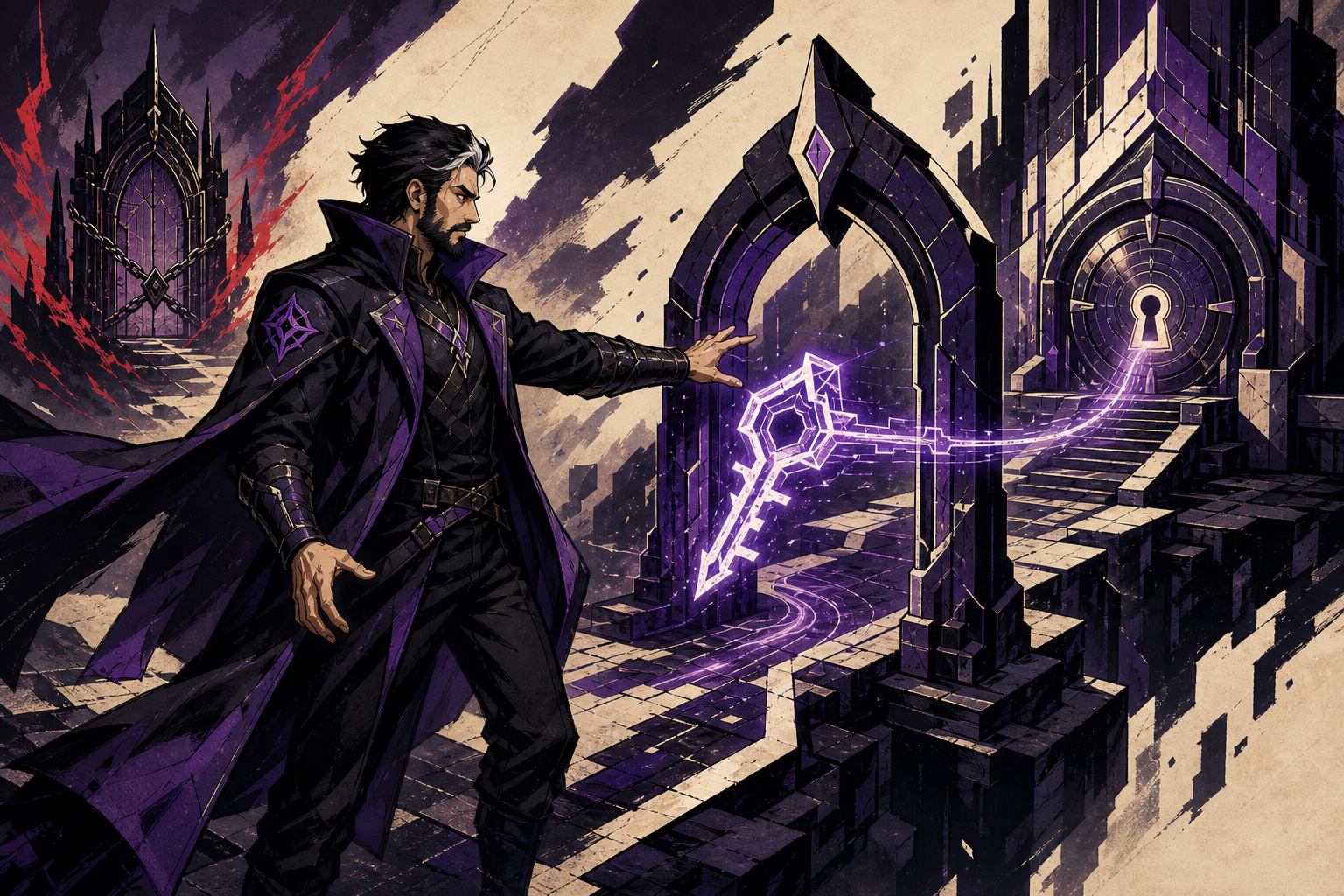 Generated Wizards-style illustration of a dark-haired warden guiding a violet key-shaped signal through an angular arch toward a protected vault