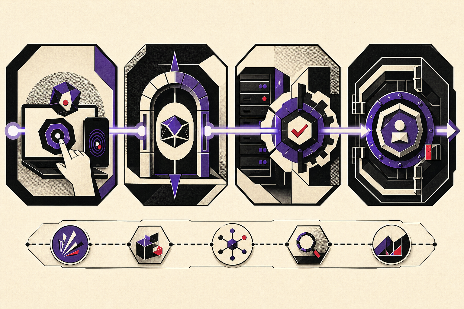Generated text-free infographic showing four connected security chambers and a separate lower audit rail