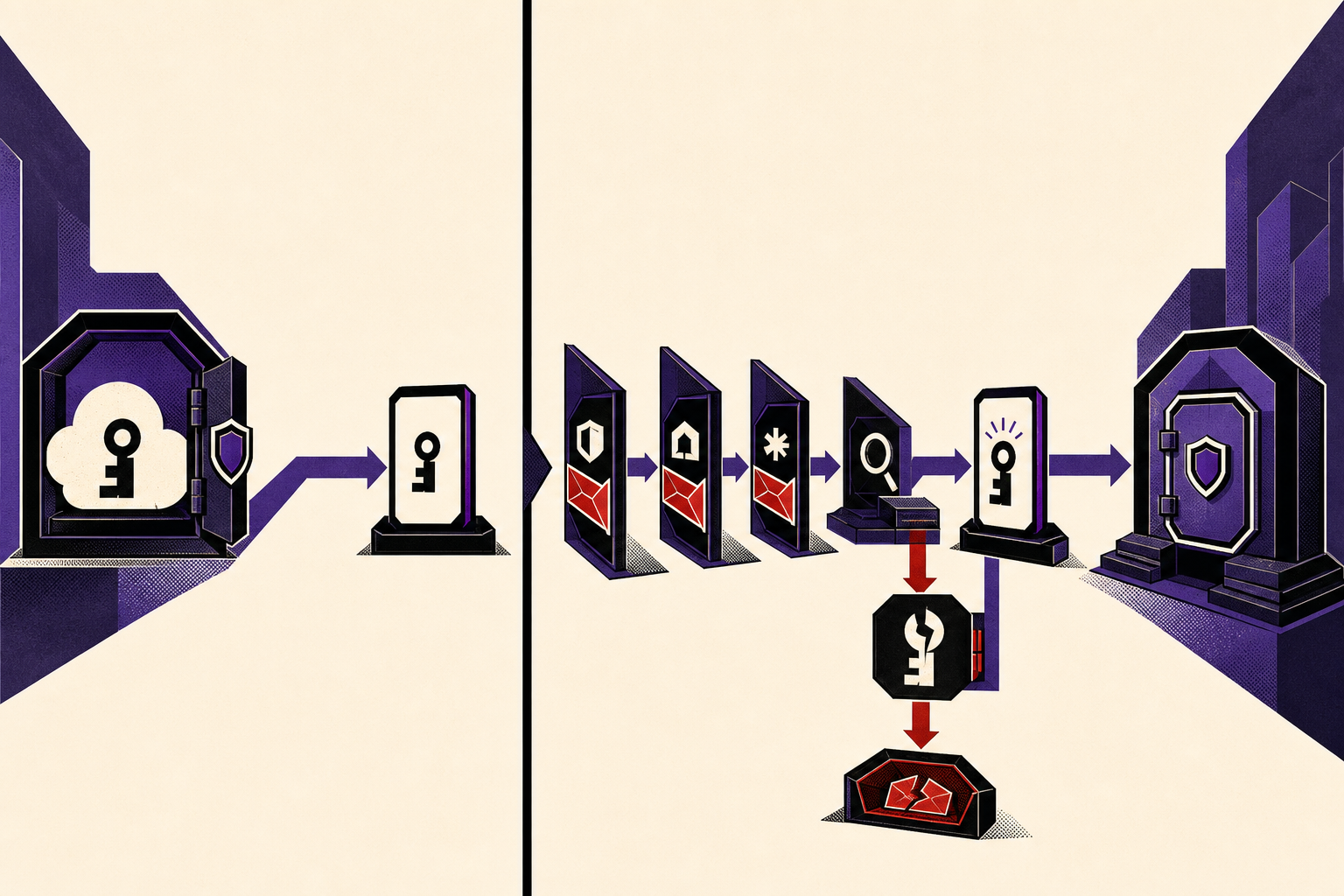 Generated text-free comparison graphic with a short credential restoration path and a longer gated account recovery path