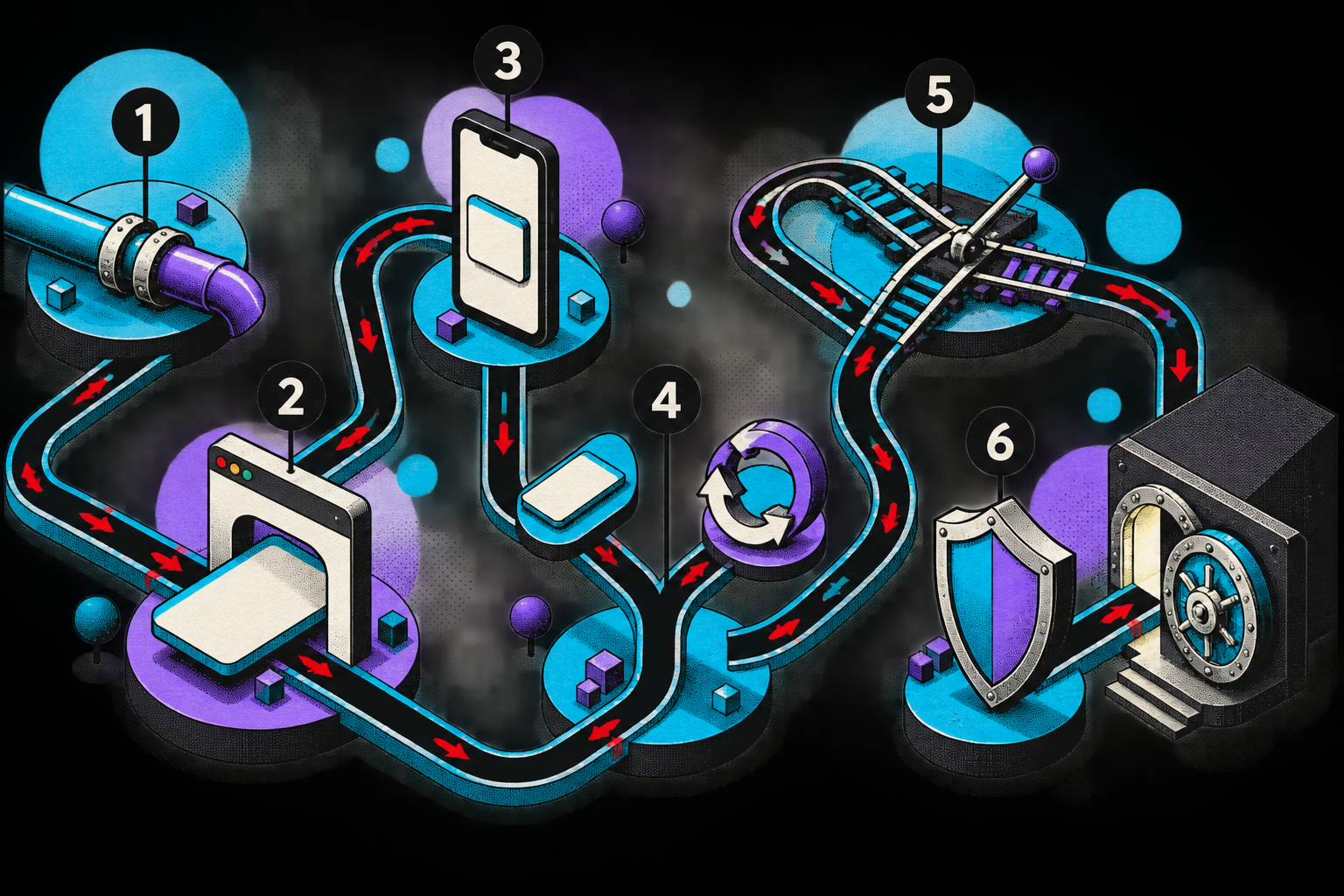 Six numbered checkpoints connect an abstract payment form to a gateway portal through a looping route