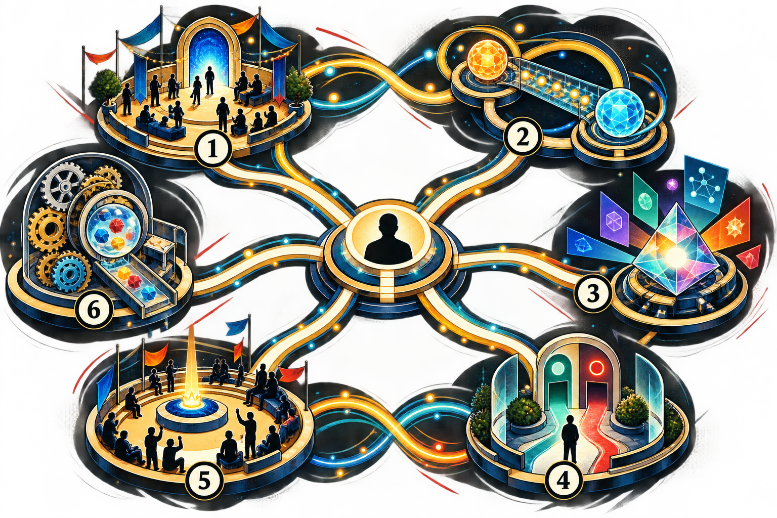 Educational route map joining six responsibilities encountered during a crypto casino session