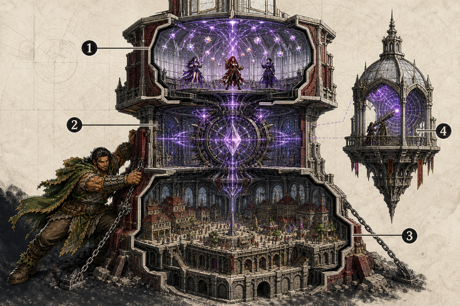 Cutaway infographic of a Layer-3 gaming tower with execution, proof, settlement and observation zones