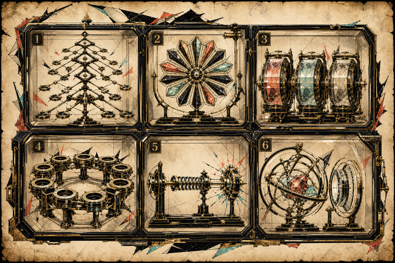 Six-cell mechanical specimen dossier classifying the game formats discussed in the article