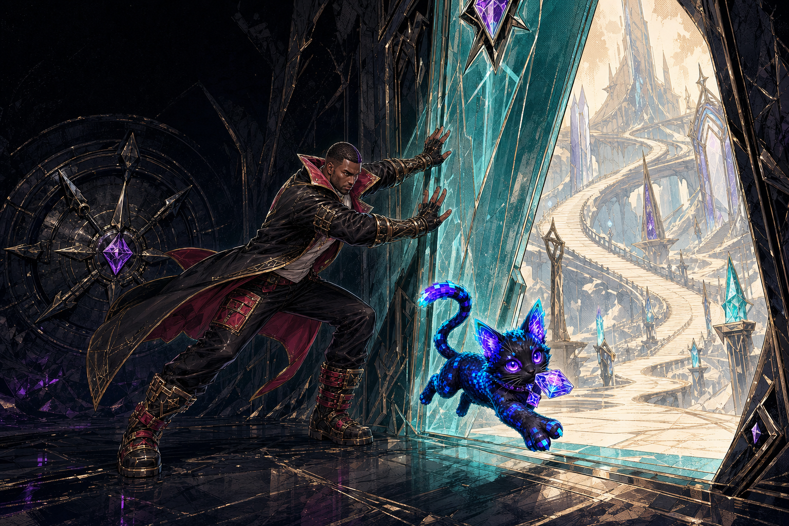 Single-panel comic where Rift Brawler holds open a transparent checkpoint while Pixel Cat carries a proof crystal past a locked record vault