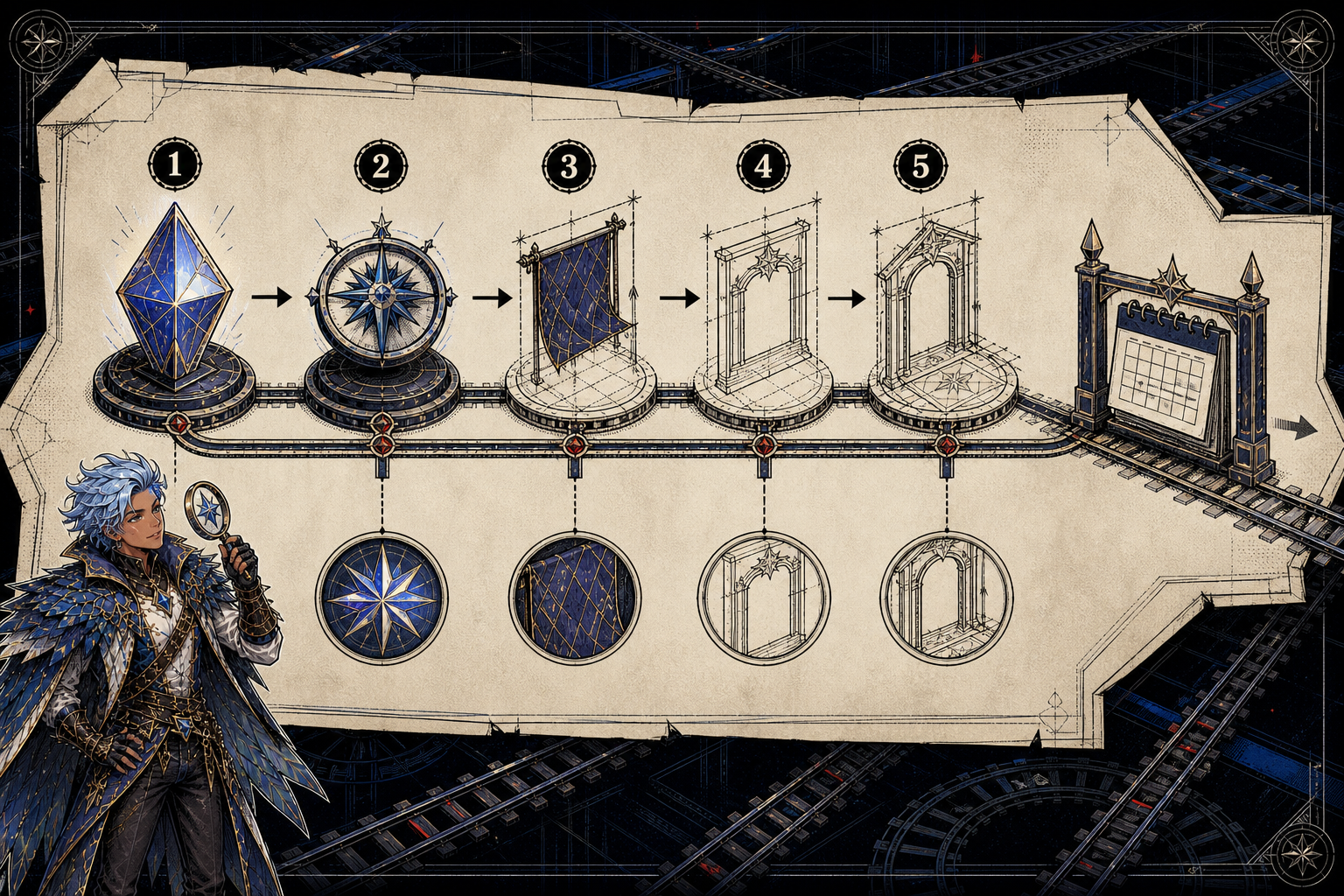 Five connected release modules leading toward a movable calendar gate, with later dependencies shown as unfinished frameworks