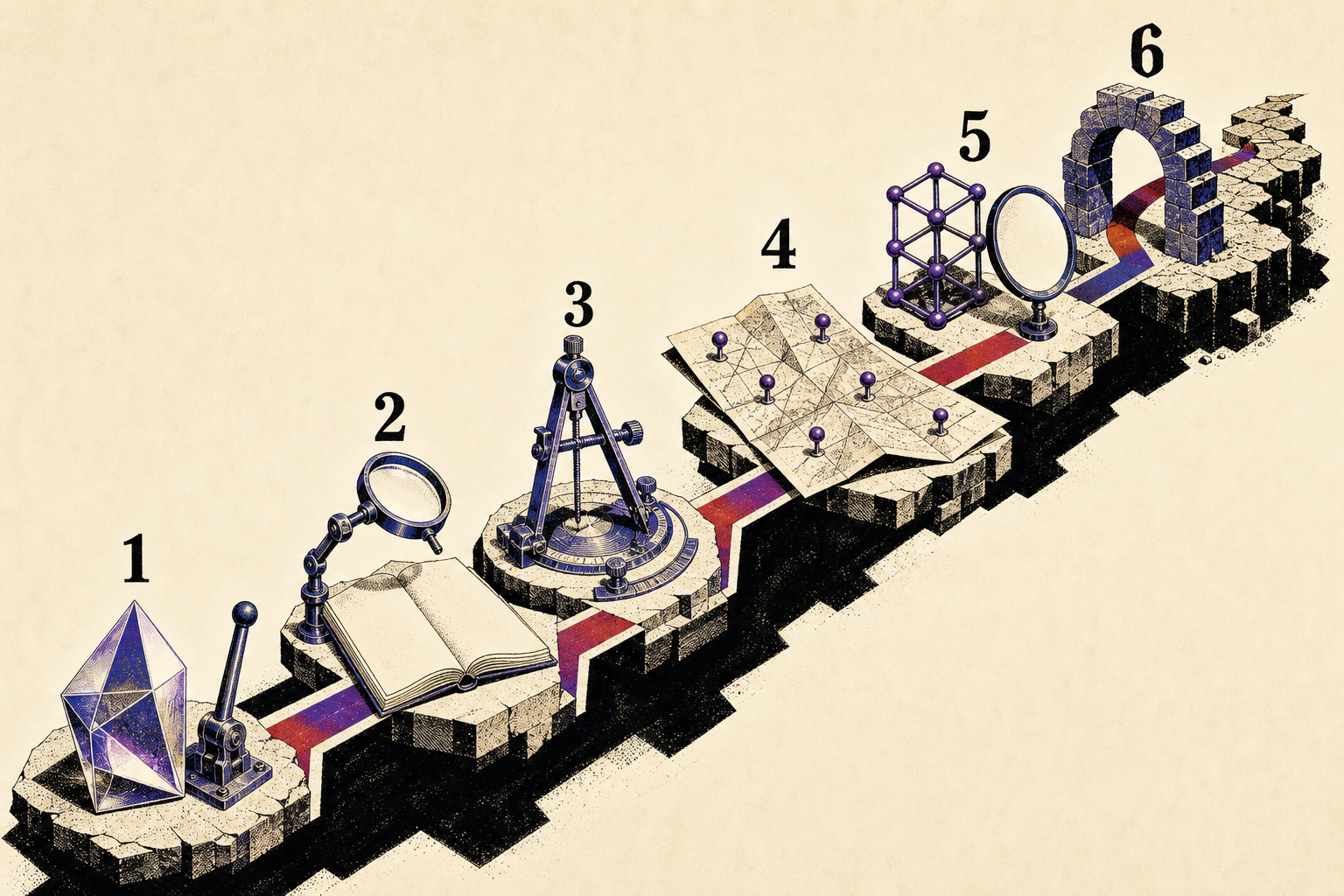 Six numbered search-optimisation instruments rise along one diagonal relay toward a clear search horizon