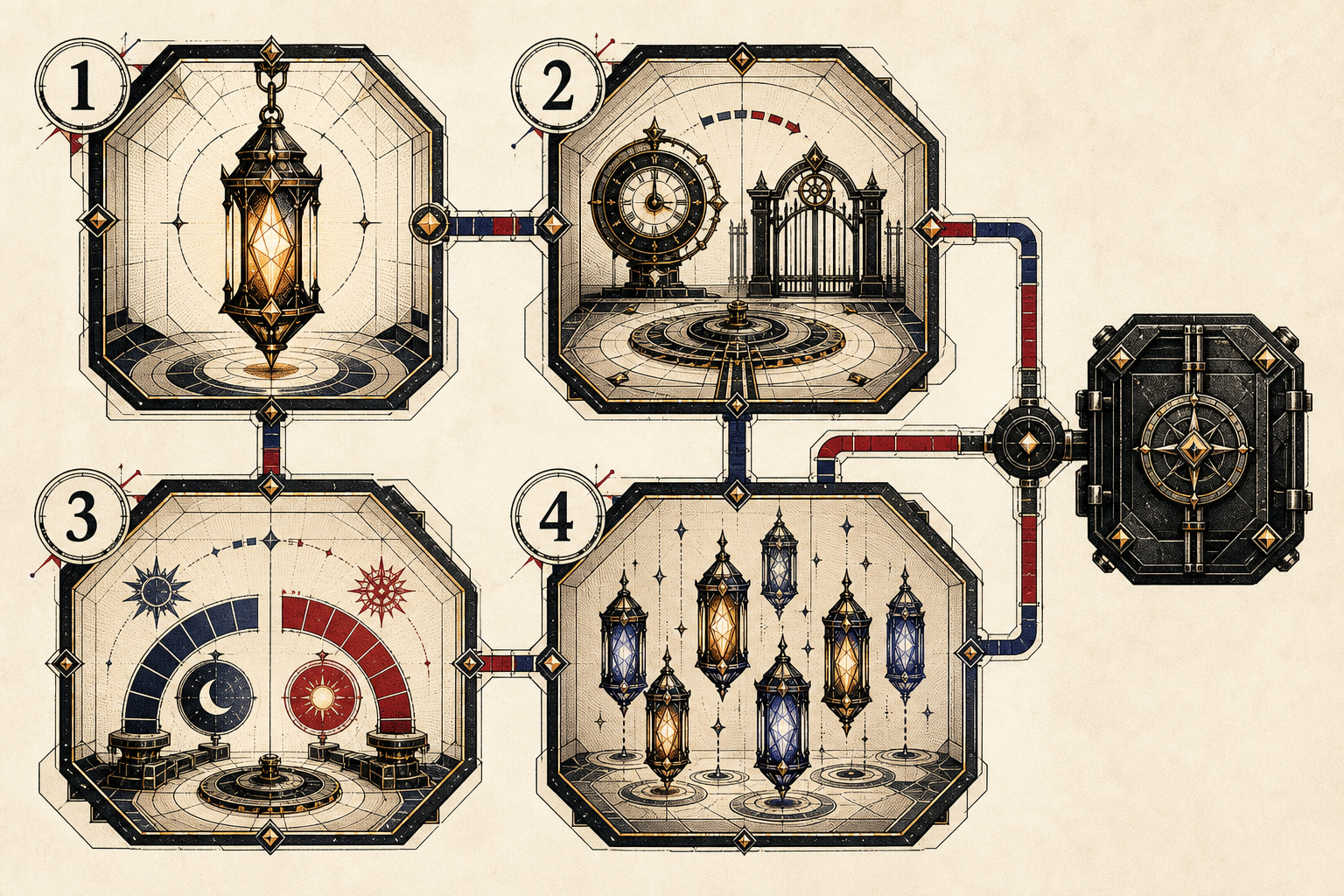 Four numbered diagnostic chambers for a lower channel signal, schedule change, weekday and weekend pattern, and holiday activity beside a sealed ranking mechanism