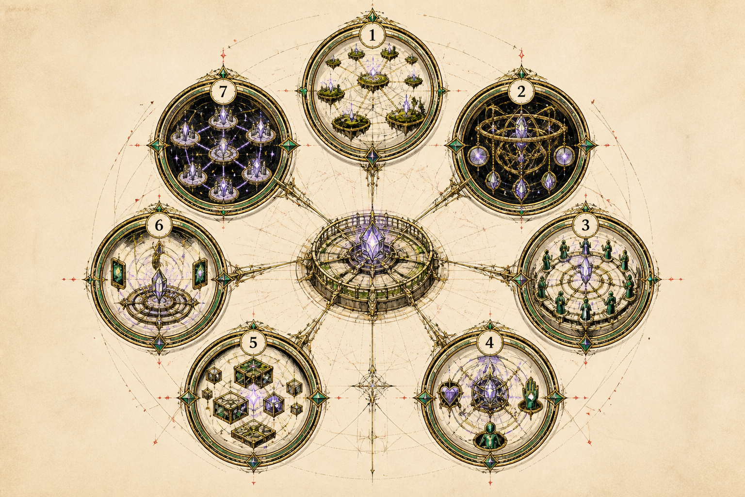 Seven-lens observatory diagram separating the directions shaping crypto casino platforms