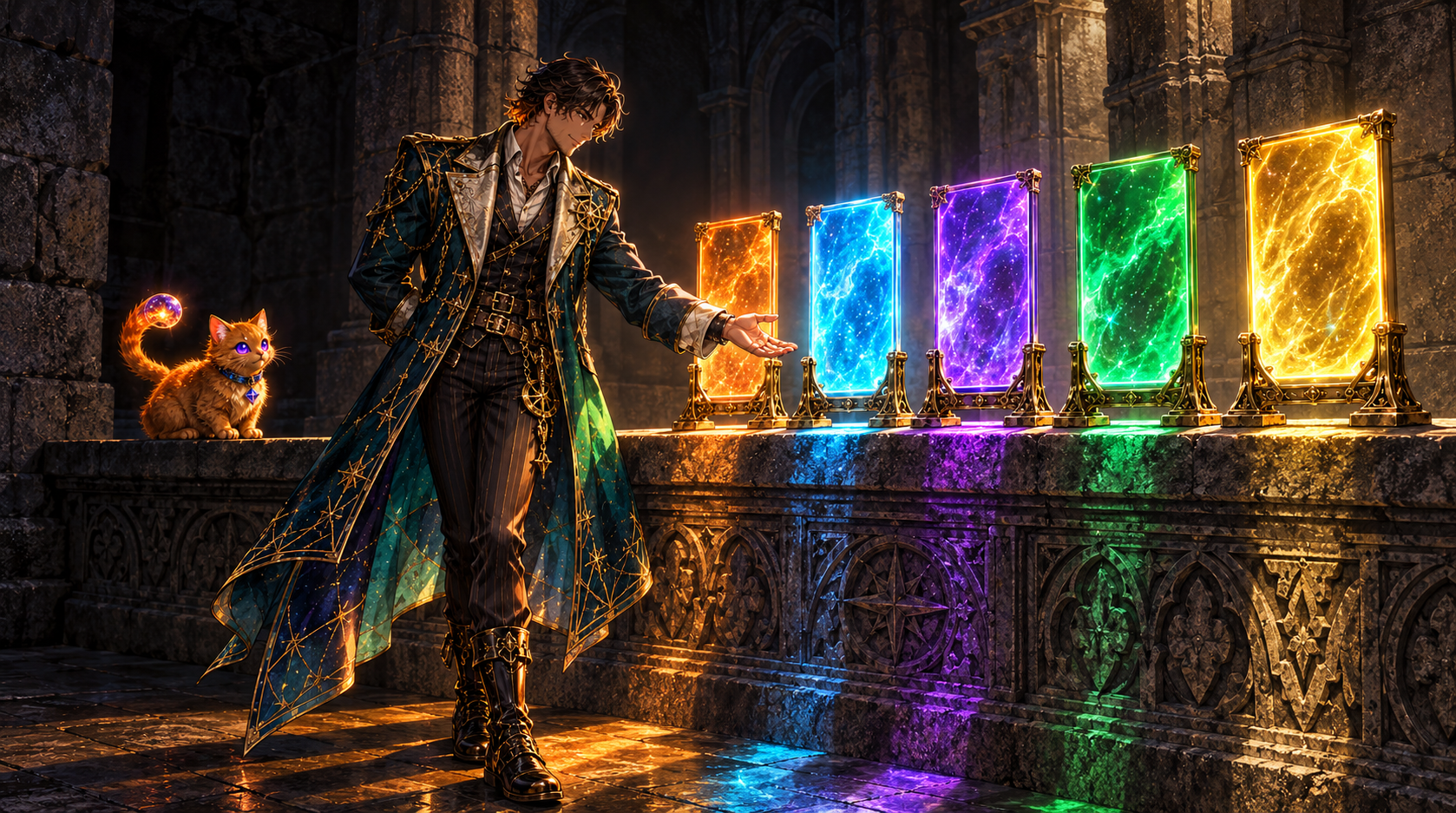 The Portal Navigator, a figure in a deep teal coat with silver-trimmed lapels, stands before a wide stone ledge on which five identical blank luminous panels are arranged in a row — each glowing faintly with a different hue of soft amber, cyan, violet, emerald and gold — while a small orange-furred cat creature with glowing indigo eyes sits attentively at the left end of the ledge; the far left quarter of the scene is open, unlit stone