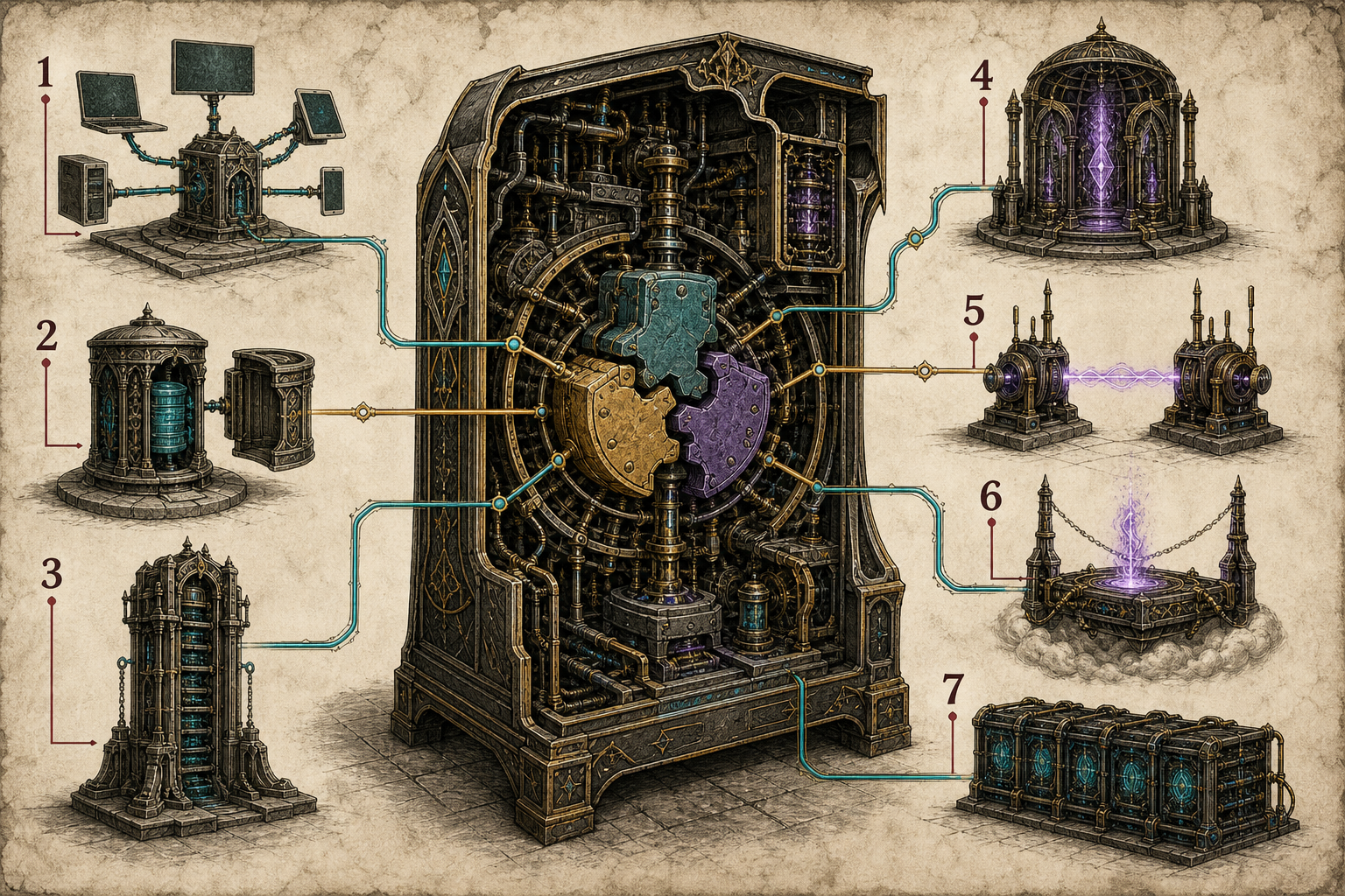 Cutaway slot-game production specimen with a three-part core and seven supporting systems