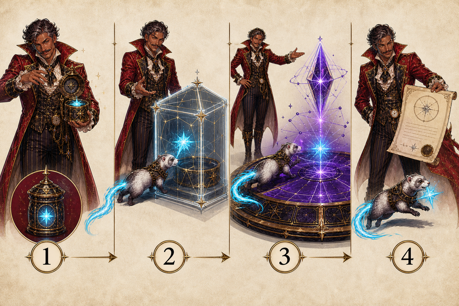 Four-stage illustrated sequence showing an asset moving from player custody through a smart-contract condition to a public settlement record