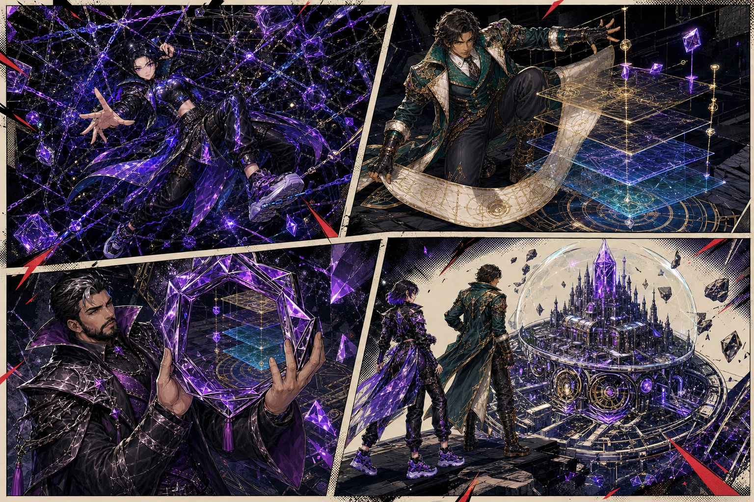 Four-panel Wizards comic showing Cipher, Rune and Nightfall moving from a congested network into an inspectable sovereign gaming citadel