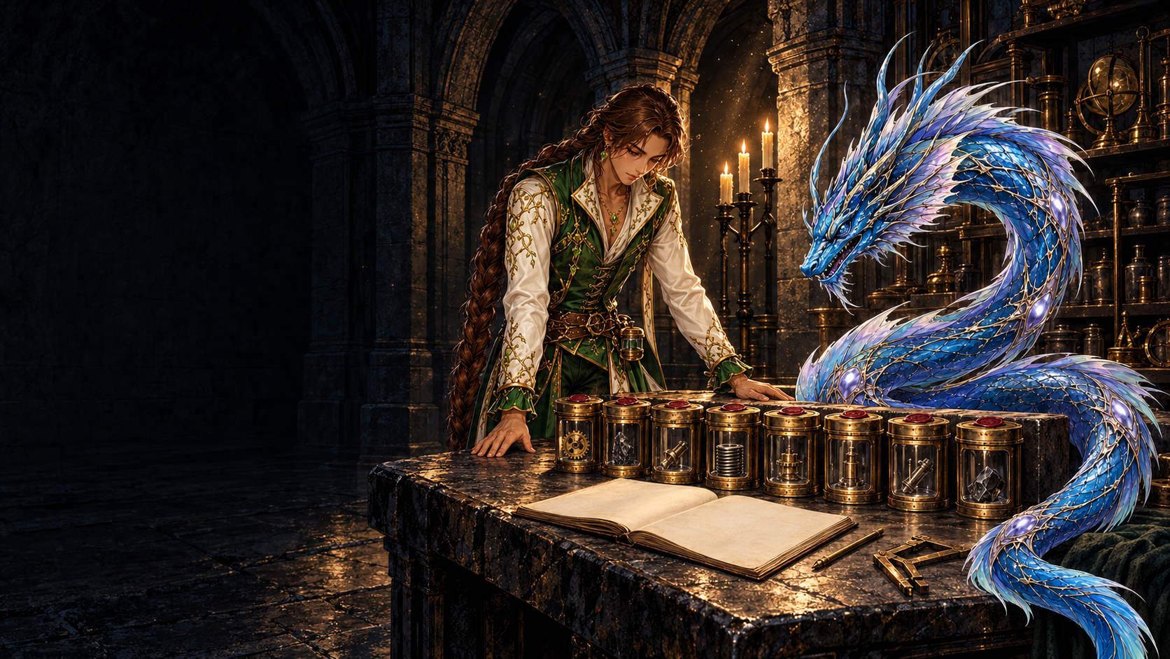 The Verdant Alchemist stands at a worn stone bench laying out seven sealed brass component canisters with glass windows and red wax seals; the Ribbon Serpent coils one loop around the right end of the bench and turns its head toward the canisters; the left third of the dark gothic stone hall is open shadow