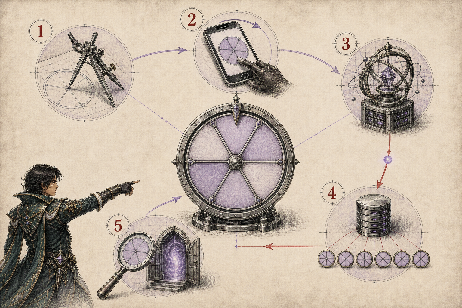 Five-stage anatomy plate showing how an online wheel moves from design to a server-generated result and tested release