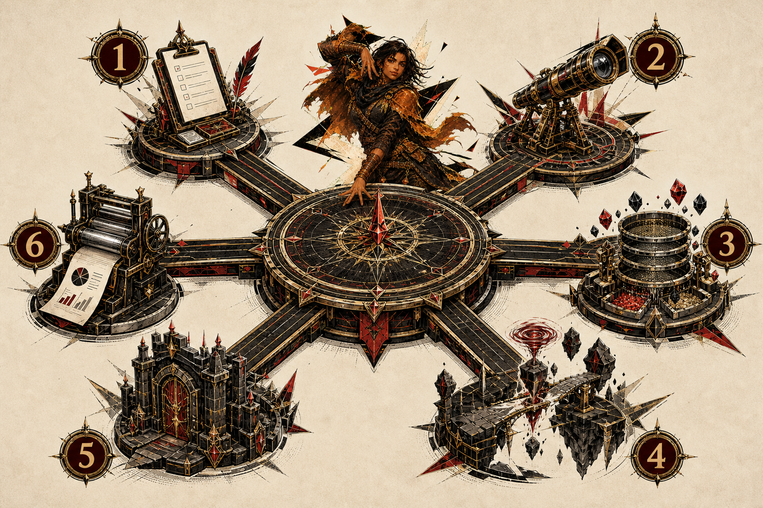 Six numbered addon instruments connect to one central table engine in a circular ecosystem map